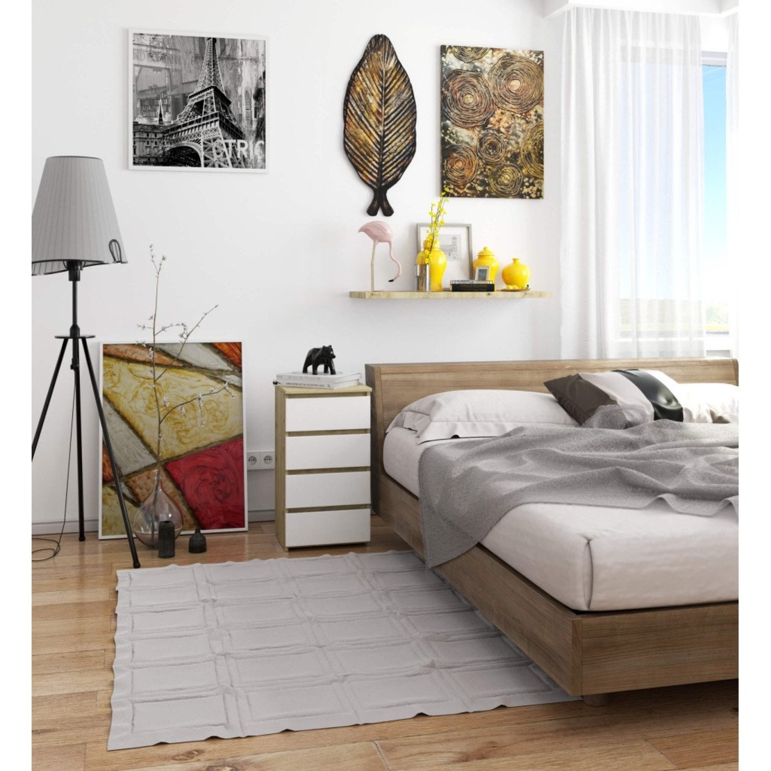 Comoda cu 4 sertare, PAL laminat 16mm, 40x35x74 cm, stejar artisan si alb