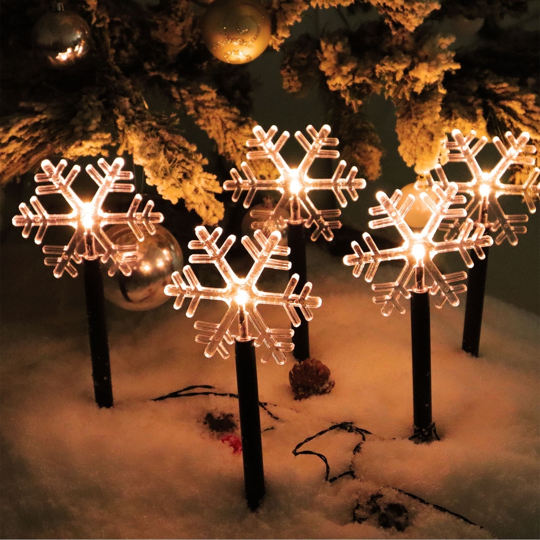 Set 5 Lampi LED cu baterii, de exterior Model Fulg de nea, pentru gradina, Vafy, 35.5 cm, Alb Cald