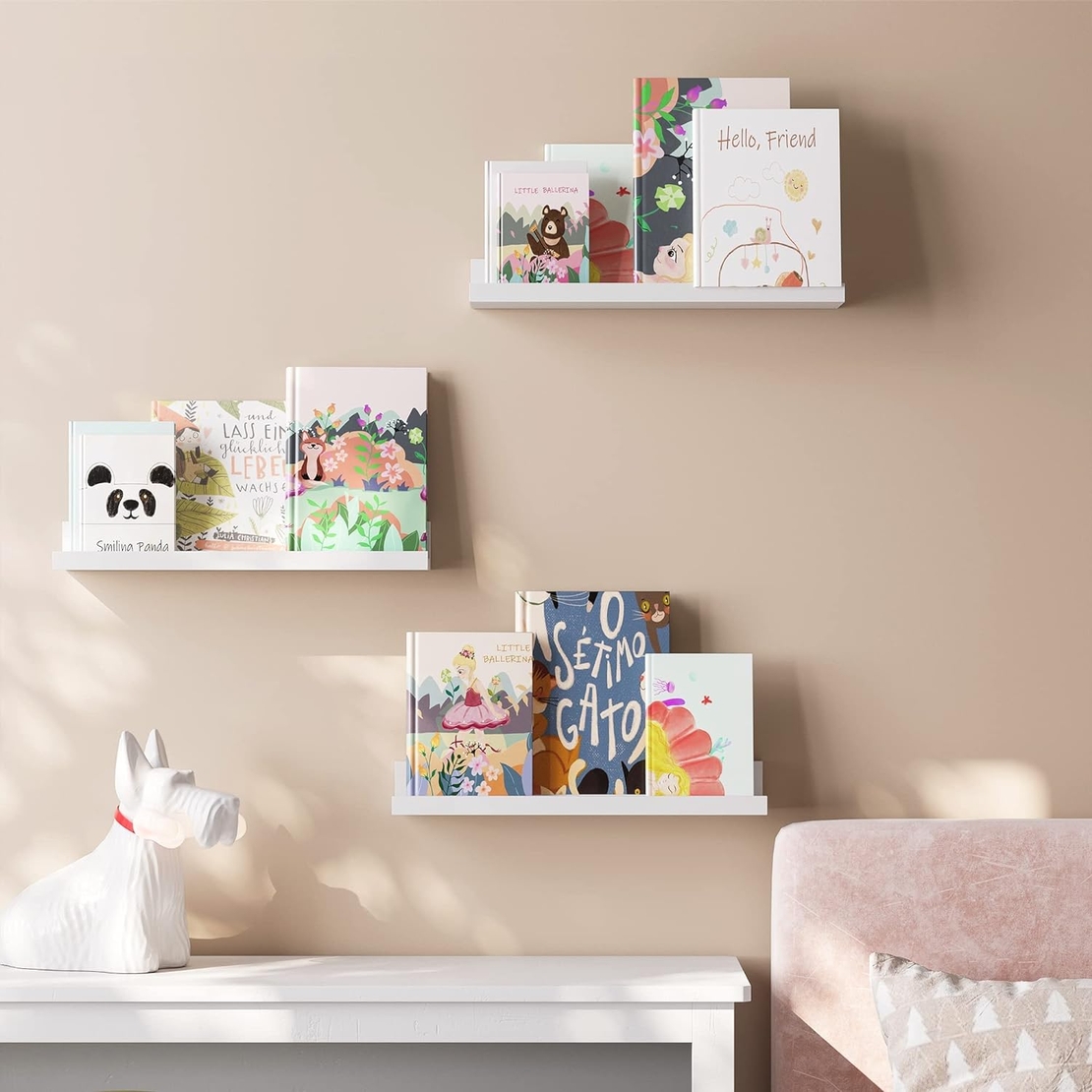SONGMICS Set 3 rafturi de perete plutitoare din MDF, suport pentru rame foto, 38x10cm, alb