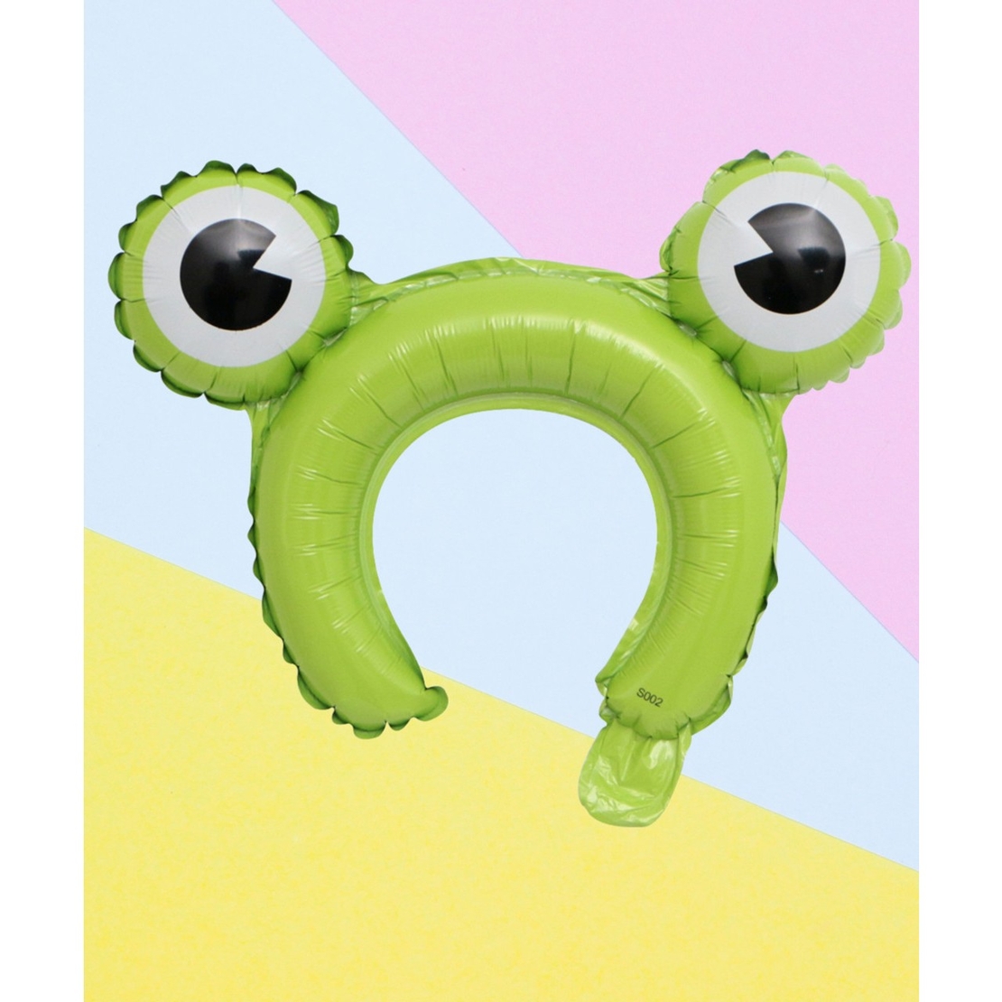 Balon din Folie Metalizata, Vafy, Tip Coronita cu Urechi, Model Broasca, Ambalaj Individual, Pai Inclus, Umflare cu Aer sau Heliu, 28 x 31 cm, Verde