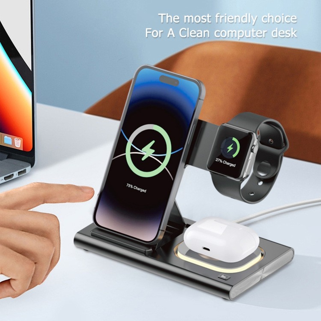 Incarcator Wireless 3 in 1 Fast Charger, Flippy, Compatibil cu Apple iPhone, iWatch, AirPods, New Design, 15W, 16.5 x 14 x 9.5 cm, Negru