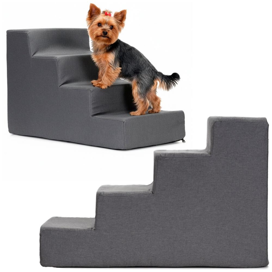 Scara pentru animale de companie, caini sau pisici, 4 trepte, antiderapanta, husa detasabila, inaltime 40 cm, gri inchis