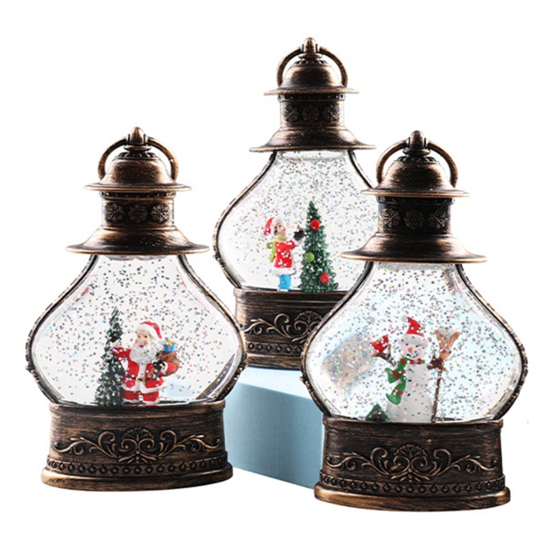Decoratiune de Craciun tip Felinar, Flippy, Glob de Cristal cu Fulgi de Zapada, Model Elf, Ornamentat cu Luminite Interioare, 14.5 x 9 x 3 cm, Rama Neagra, Transparent