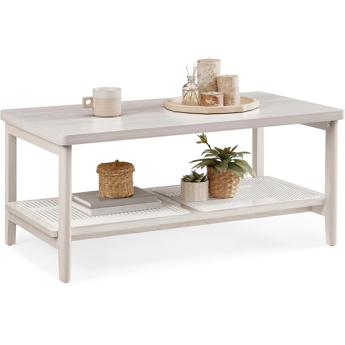VASAGLE Masuta de cafea, din MDF, cu spatiu de depozitare pe 2 nivele, 55x100x45 cm, stil boho, bej