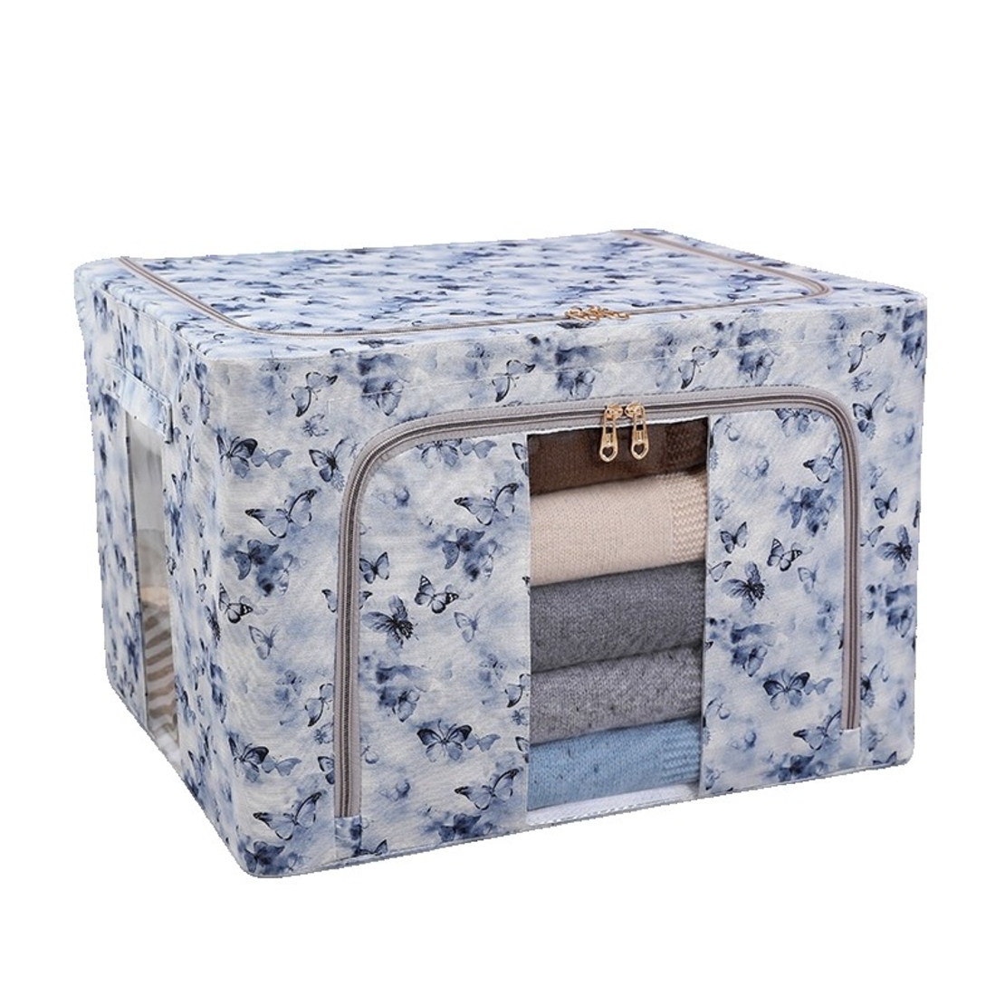 Cutie Depozitare, Vafy, 66L, din Material Textil, 50 x 40 x 33 cm, pentru Haine si Lenjerii, Model Fluturasi, Albastru