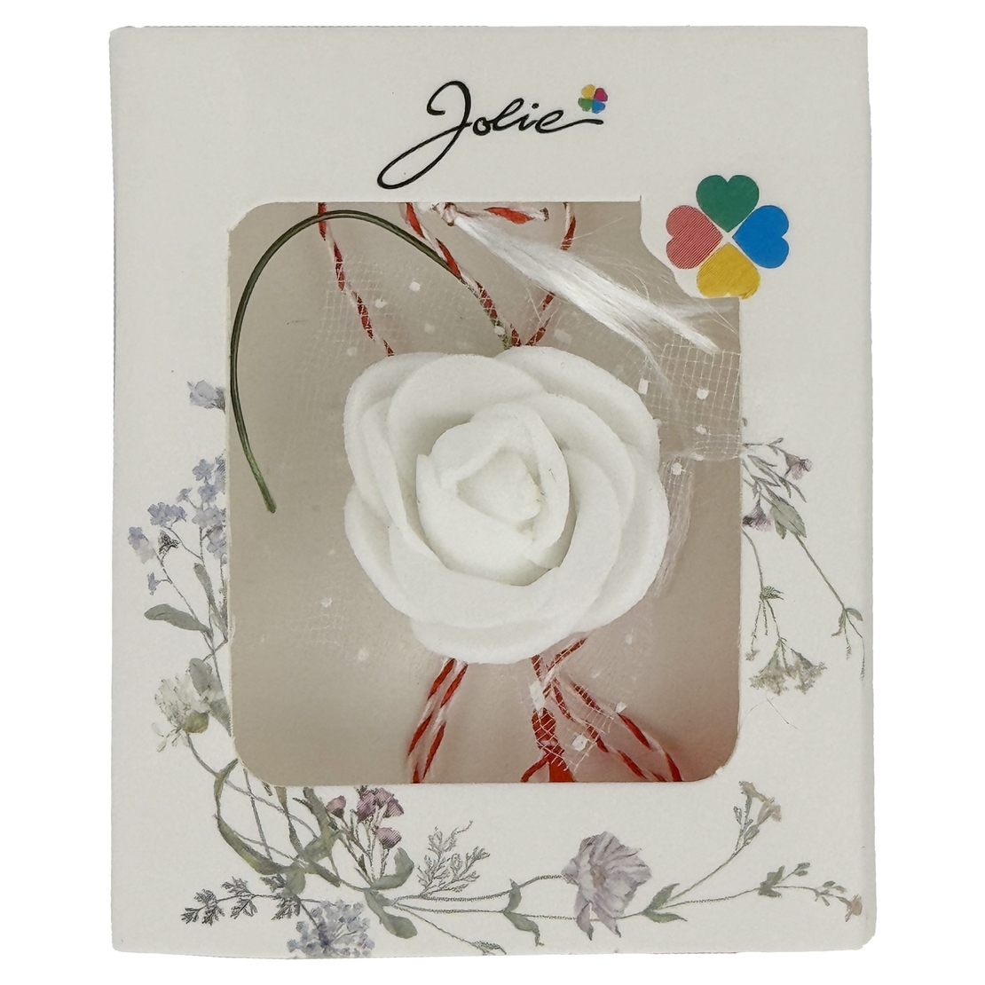 Martisor Motiv Floral, Jolie, Model Trandafir, cu Snur Alb/Rosu, 9 x 5 cm, Alb