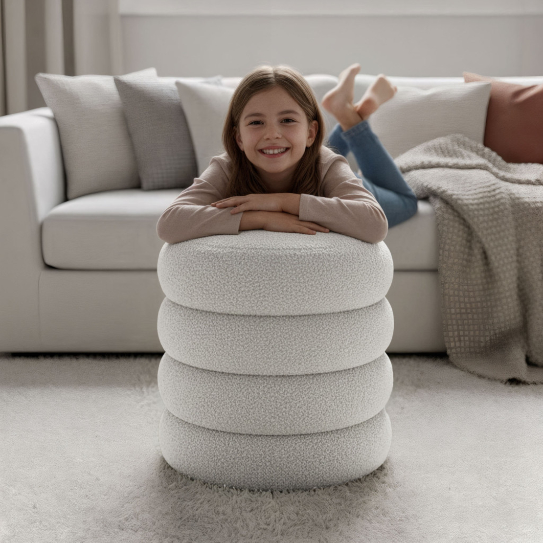 Taburet tapitat Snuggo cu spatiu de depozitare, velur, diametru 42 cm, inaltime 45 cm, alb