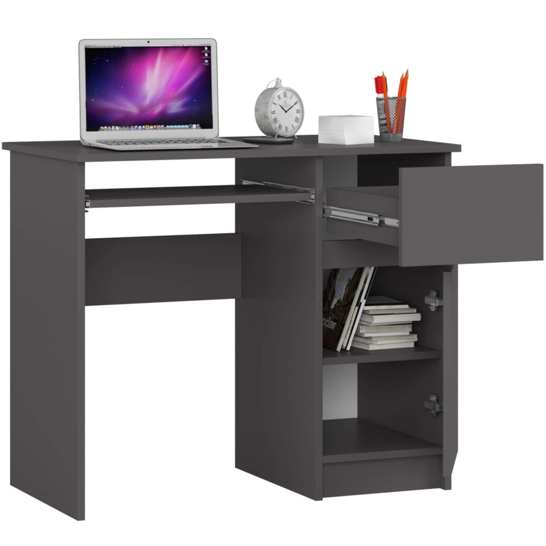Birou computer PIKSEL, cu sertar, dulap si raft pentru tastatura, dreapta, 90x50x77 cm, stejar gri
