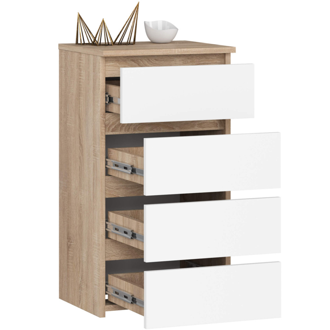 Comoda cu 4 sertare, PAL laminat 16mm, 40x35x74 cm, stejar sonoma si alb