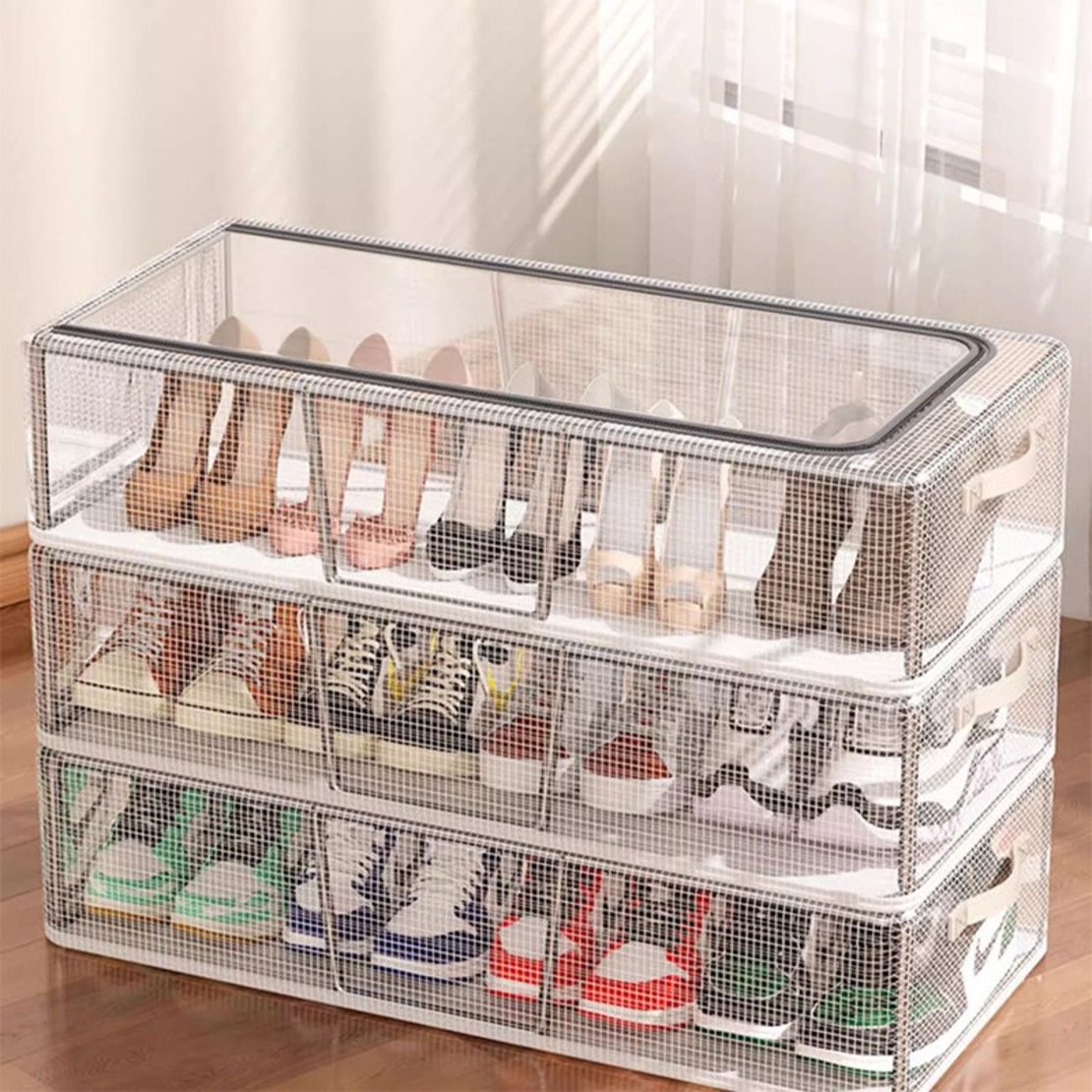 Cutie de Depozitare pentru Pantofi, Flippy, 60x30x21 cm, din Plasa PVC Impermeabila si Cadru de Otel, Pliabila, Fermoar Bidirectional, Transparenta