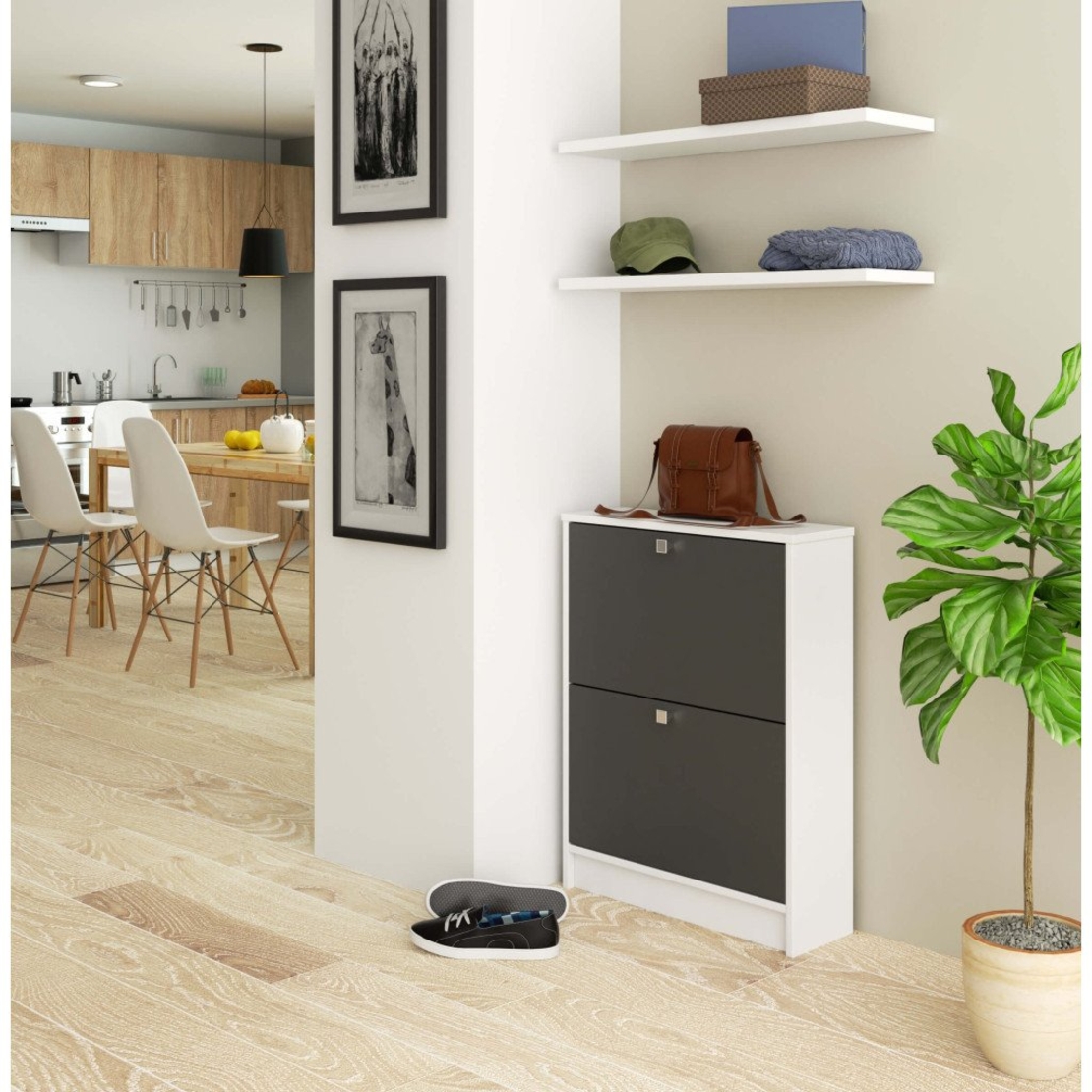 Dulap pantofi cu 2 usi rabatabile, PAL laminat 16 mm, 60x20x80 cm, alb si gri