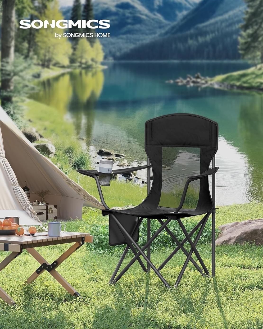 SONGMICS Set 2 scaune pliabile camping cu spatar inalt si suport bauturi, husa transport, 150 kg, 52x87x97 cm, negru