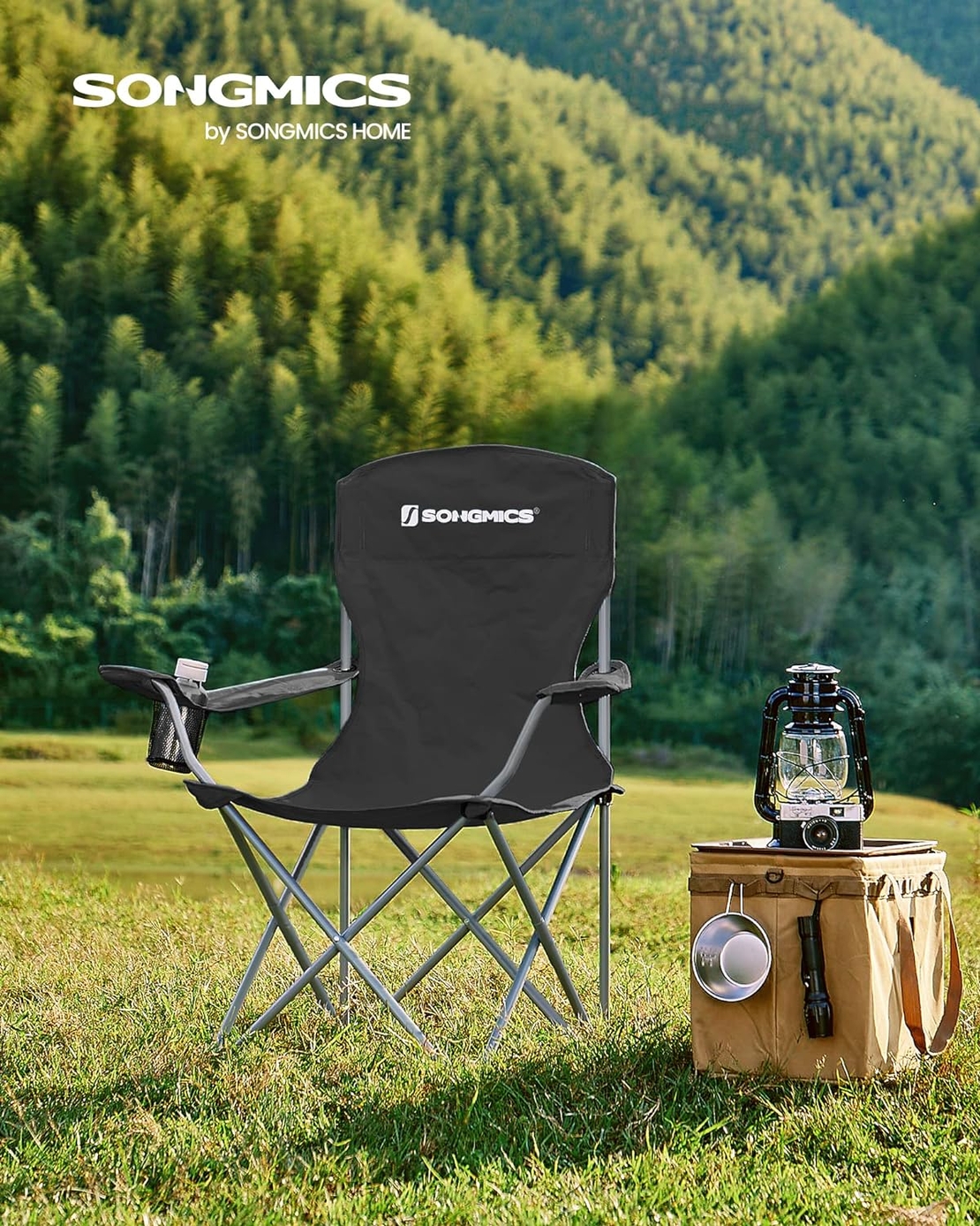 SONGMICS Set 2 scaune pliabile de camping sau pescuit, suport pahar, maxim 150kg, negru