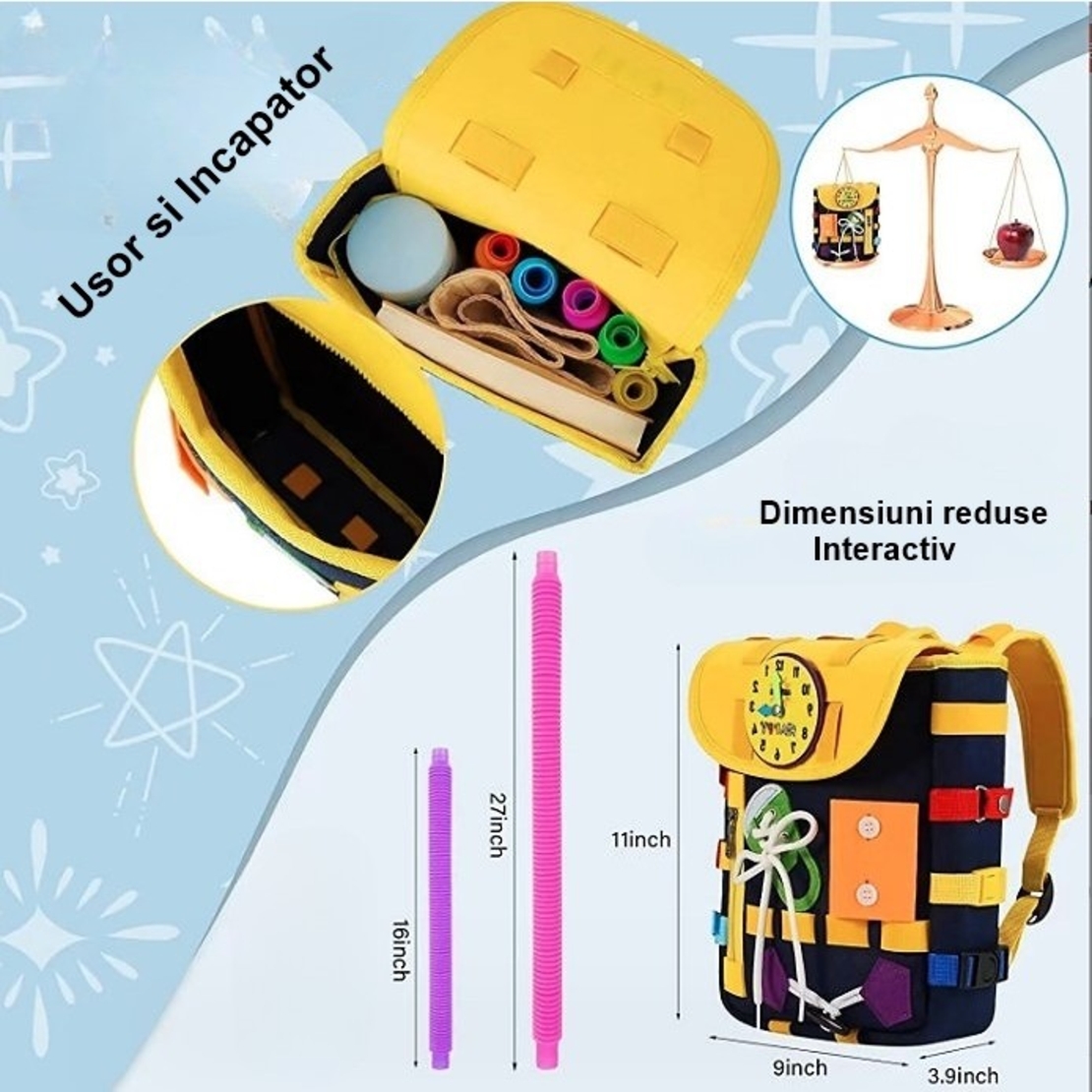 Ghiozdan Montessori, Flippy, pentru Copii 2-6 ani, Fidget Pop, cu Catarame si Fermoare, Jucarii Senzoriale, Activitate de Invatare prin Joc, Albastru Marin, 0.25 kg, 28x10x23 cm