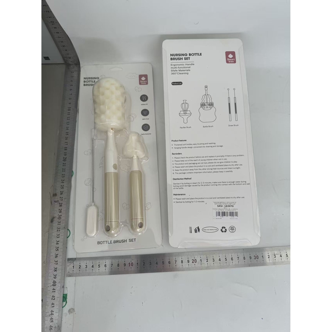 Set 3 Perii de Spalat Biberoane, Vafy, pentru Tetina, Biberon, Pai, Materiale Sigure, fara BPA, Curatare 360°, Bej