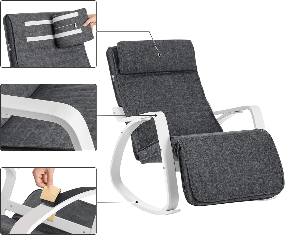 SONGMICS Scaun balansoar din lemn, suport picioare reglabil, maxim 150kg, 67x115x91cm, gri si alb