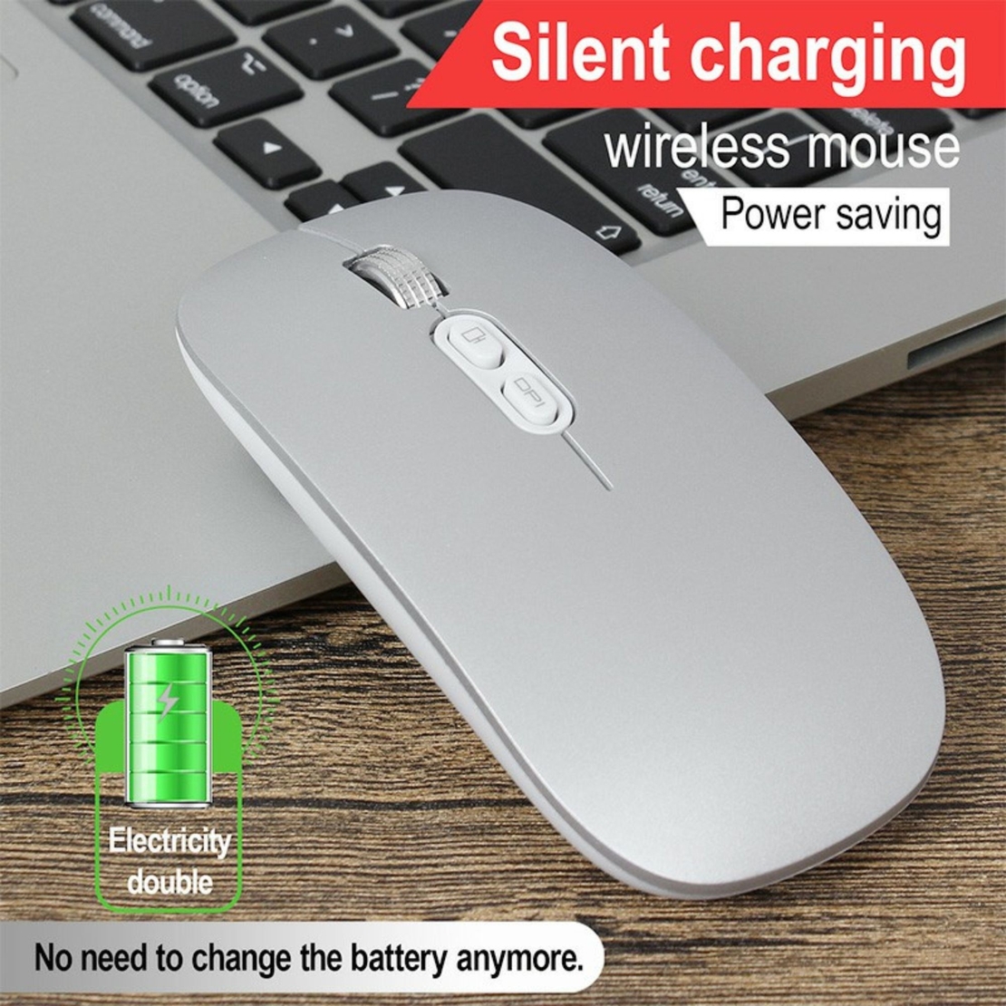Mouse Wireless Reincarcabil, Vafy, Compatibil Windows/macOS, Bluetooth 5.1 + 2.4GHz, Silentios, DPI 800/1200/1600, Argint