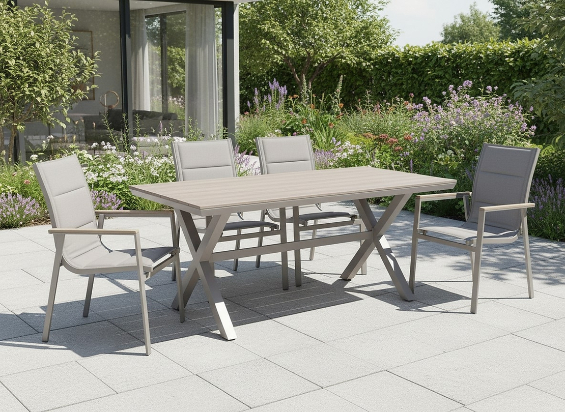 Masa pentru gradina, cadru aluminiu, blat polywood cu aspect de lemn, 180x100x75 cm, bej