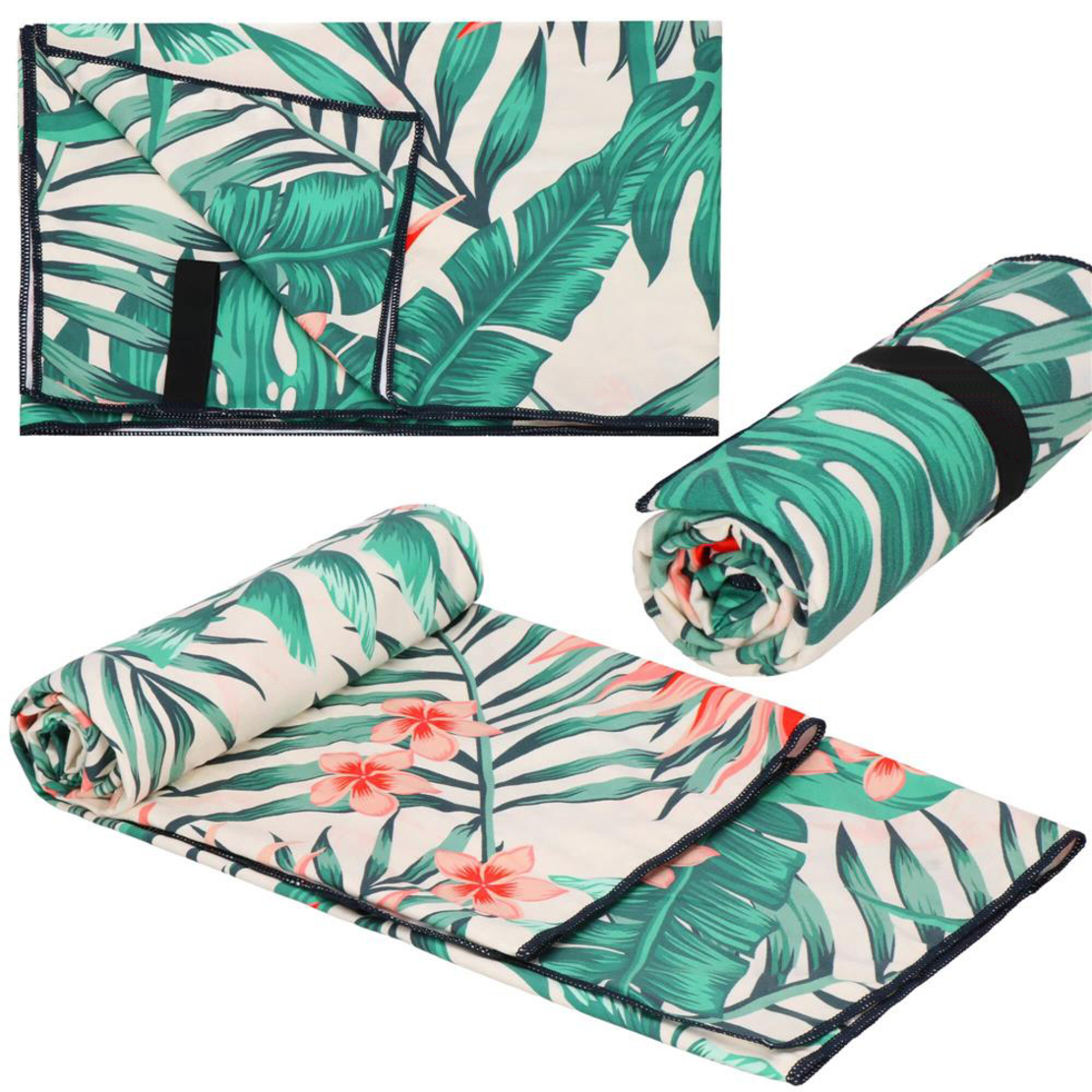 Prosop de plaja cu uscare de rapida, husa de transport, 90x180cm, model floral