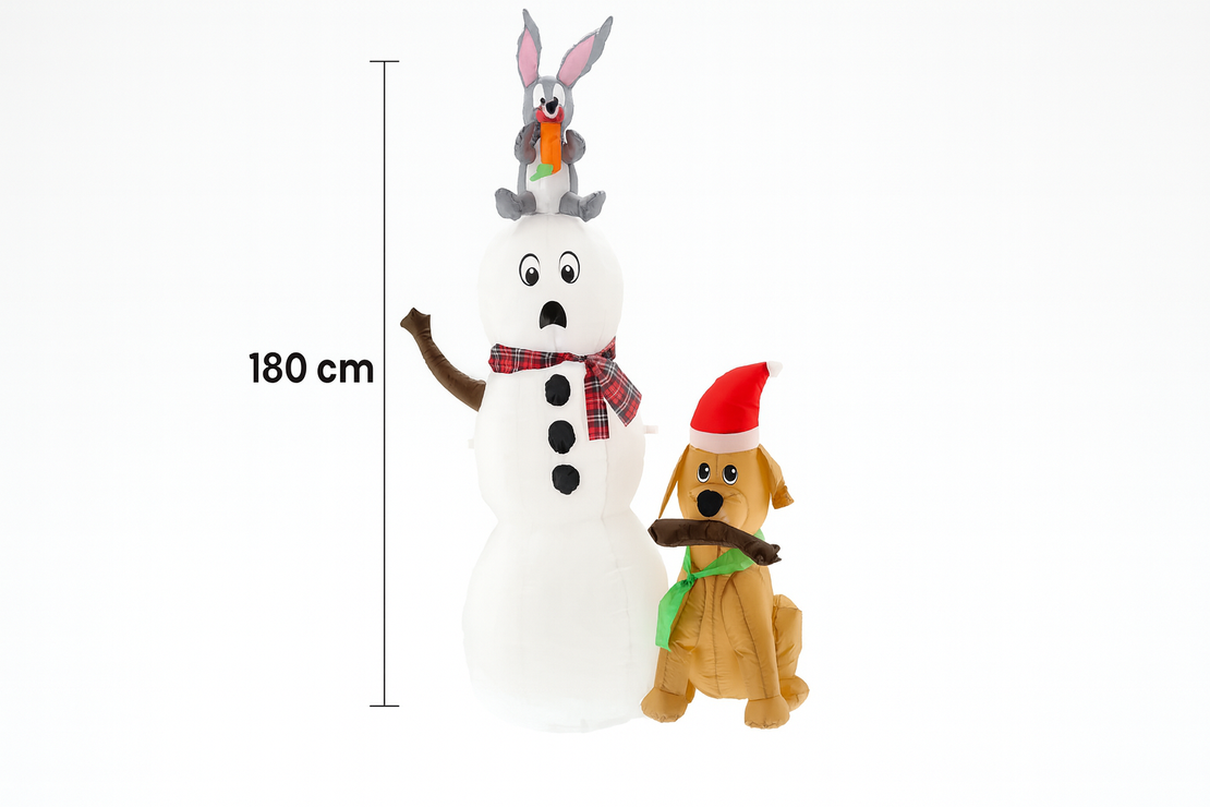 Om de zapada de exterior gonflabil, iluminare LED, cu catel si iepuras, cu compresor integrat, 180x80x60 cm, alb