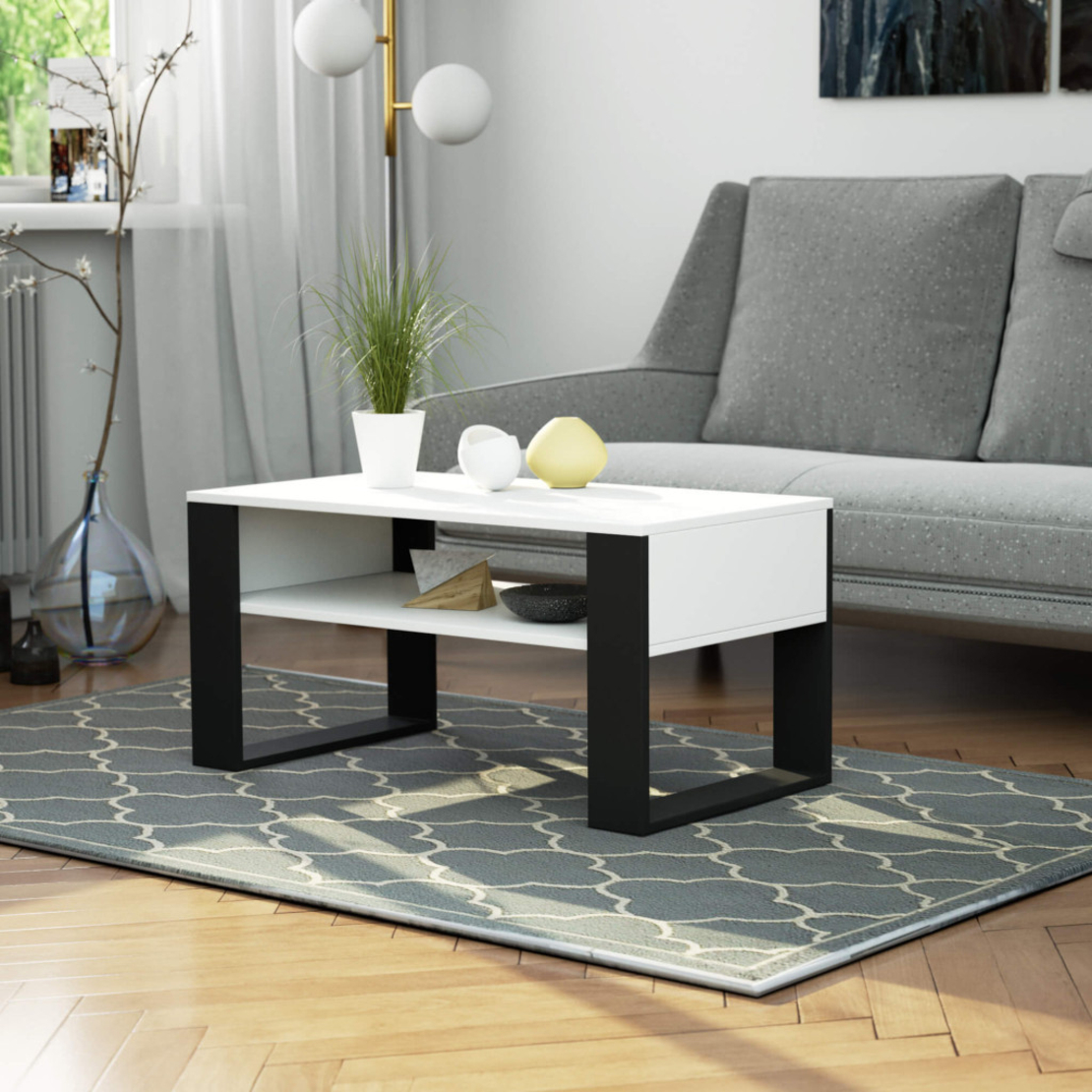 Masuta de cafea Domi cu raft inferior, blat laminat, 92x50x45 cm, alb si negru