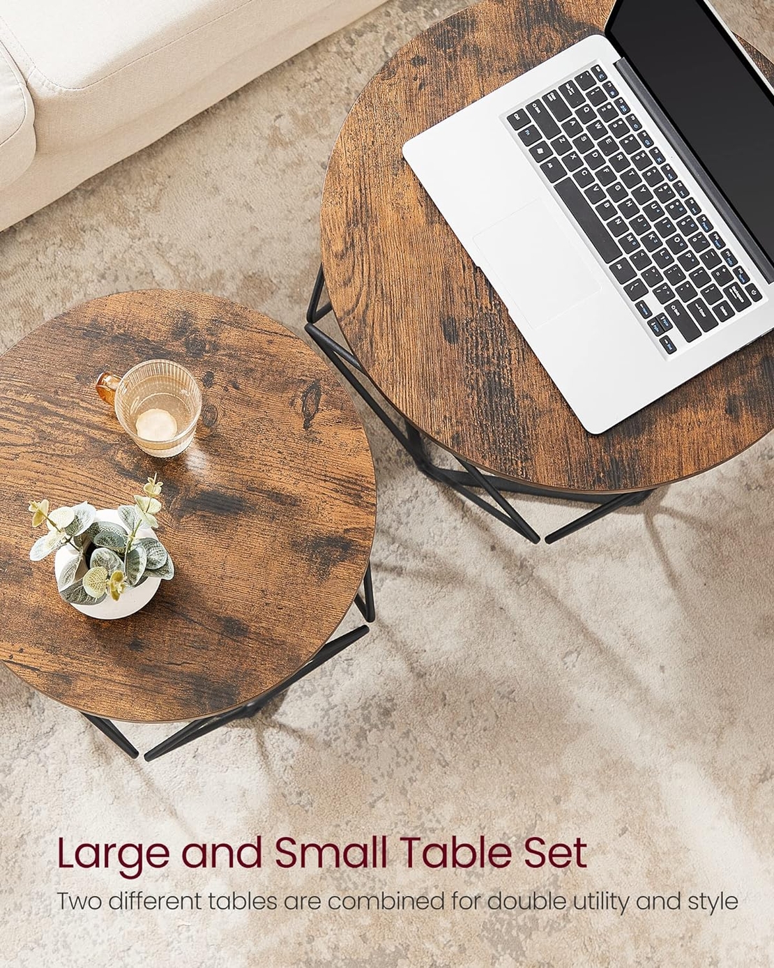 VASAGLE Set de 2 mese de cafea, stil industrial, 50x40cm si 40x36cm, maro rustic si negru