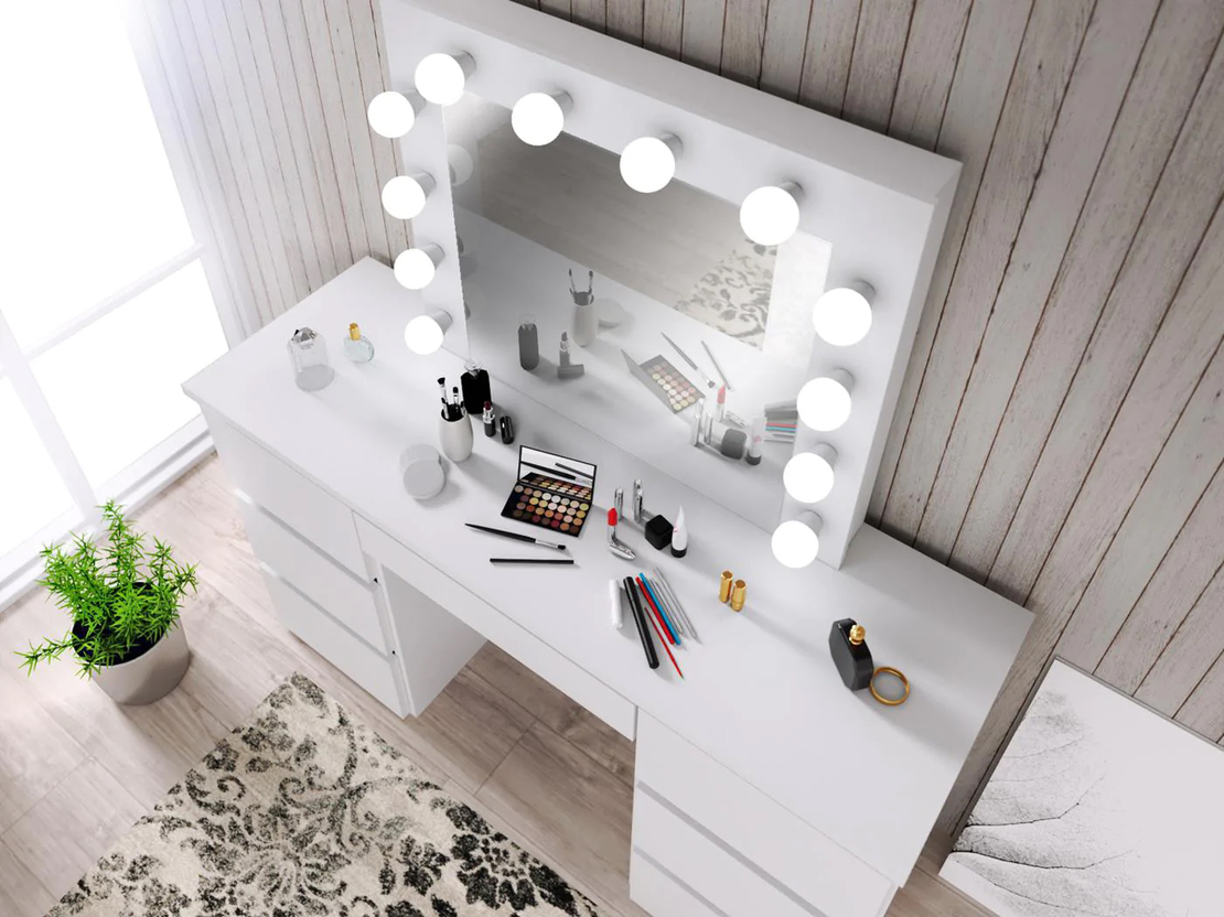 Oglinda machiaj cu 12 becuri LED, lumina neutra, 80x10x65 cm, alb