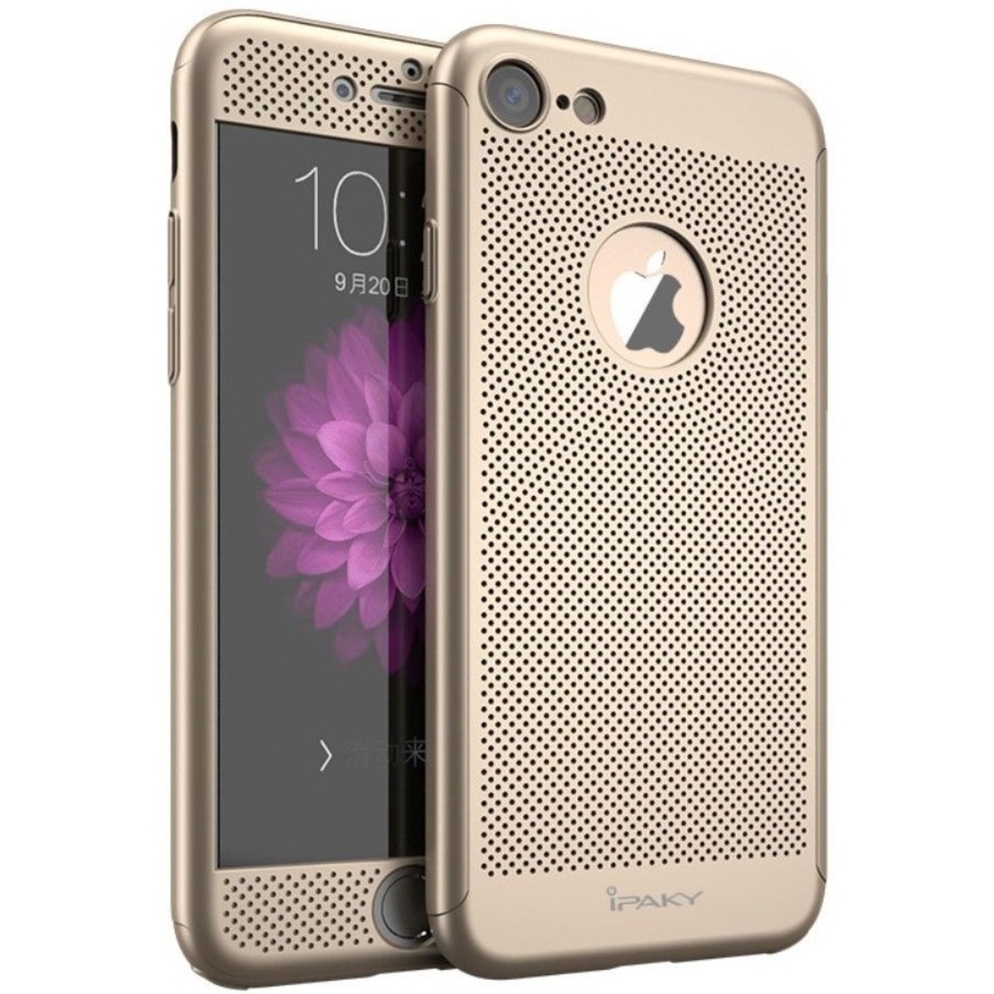 Husa de Protectie, Flippy, pentru Apple iPhone 7 Plus, Full Cover 360 Air cu Gauri si Folie de Protectie, Plastic, Auriu
