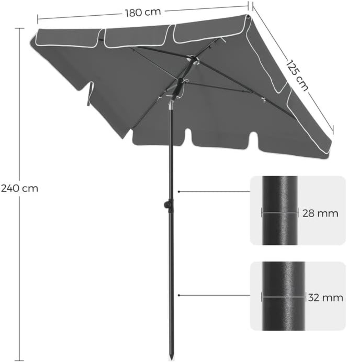 SONGMICS Umbrela terasa gradina sau plaja, inclinare 2 directii, protectie UV UPF 50+, 180x125 cm, gri