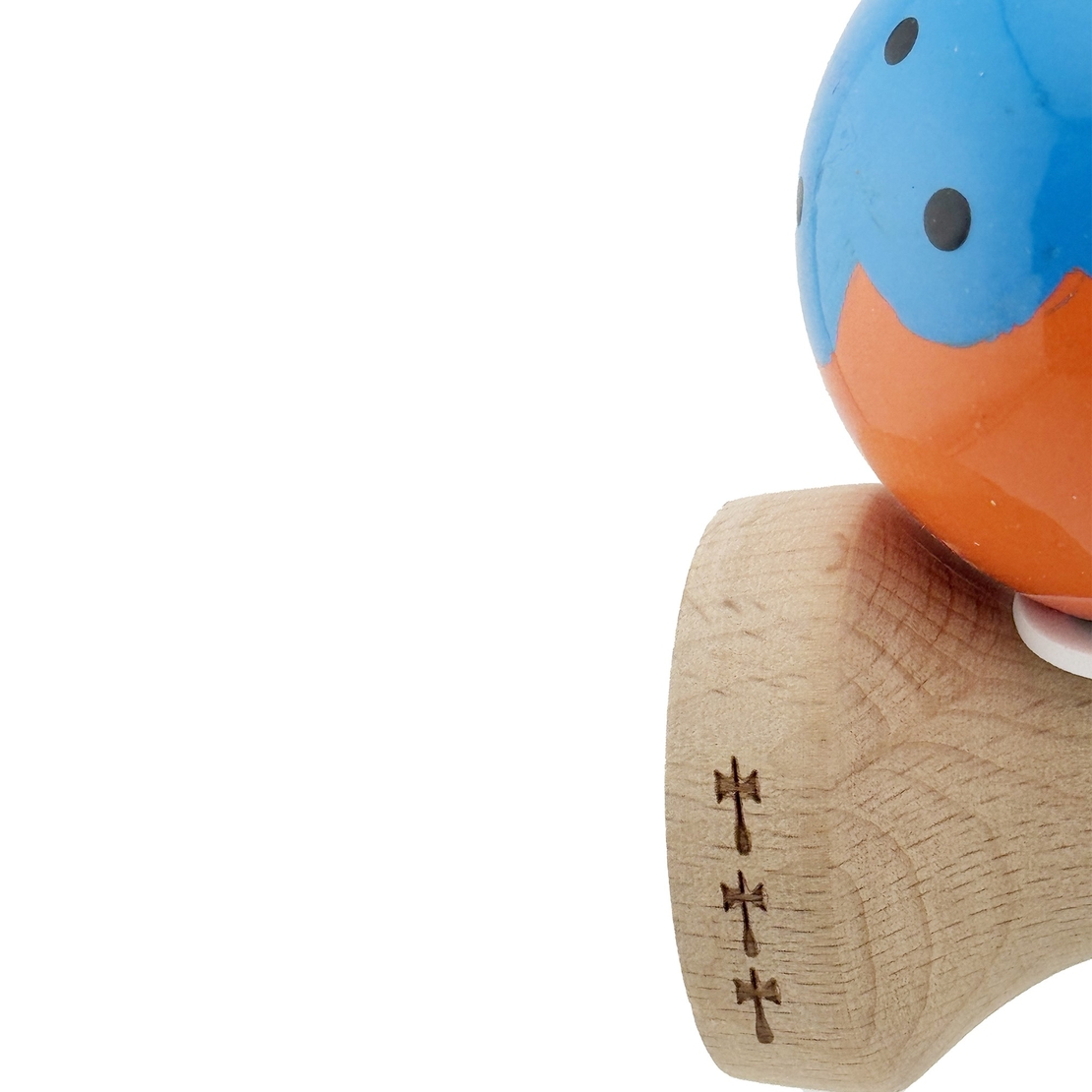 Kendama X Originala, Profesionala, Flippy, Super Sticky cu Cupe Mari KING SIZE V3, Gaura in Baza, Rulment Metalic, din lemn 18 cm, Ata 62/65 cm, Special Albastru/Portocaliu