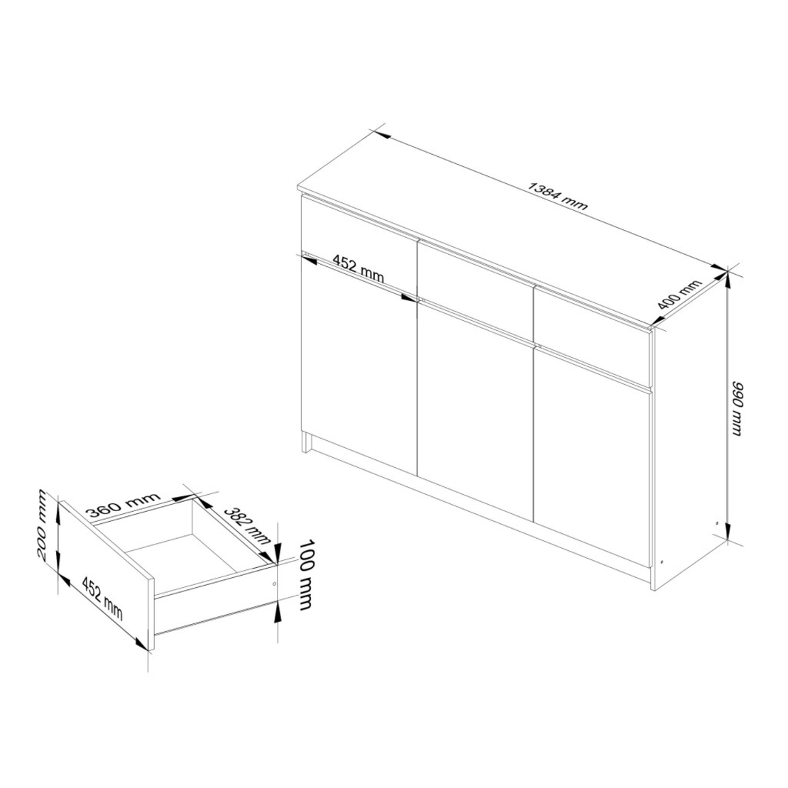 Comoda cu 3 usi si 3 sertare, PAL laminat, 138x40x99 cm, alb mat