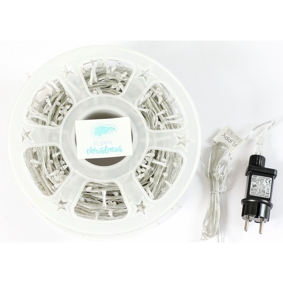 Instalatie Craciun liniara cu transformator, 100m, alb cald, 1000 LED-uri, fir transparent, 8 jocuri de lumini, Vafy