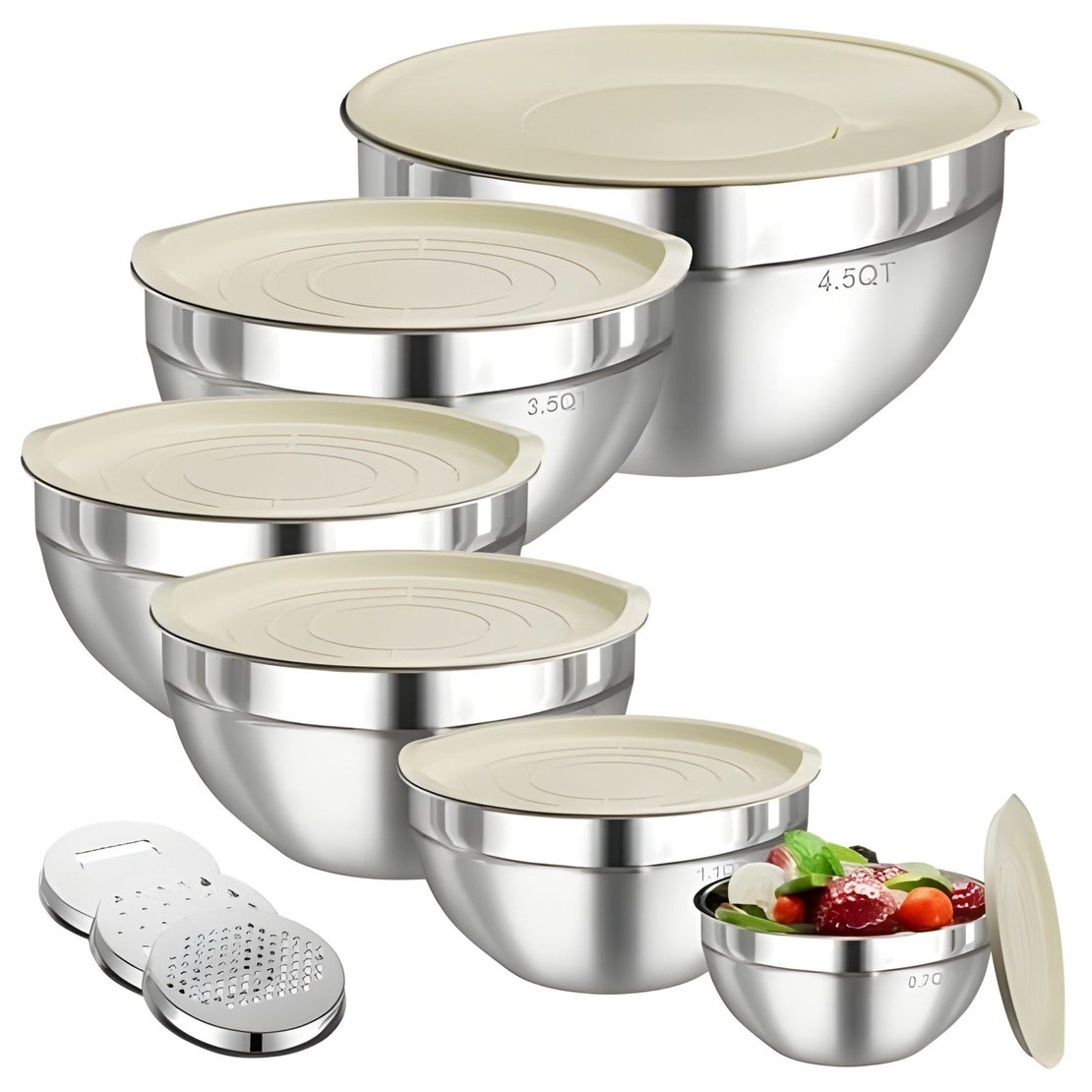 Set 6 Boluri pentru Mixare si Depozitare, Vafy, Inox Premium, Capace Ermetice, 3 Accesorii Razuire si Feliere, Interior Gradat, Design Nestable, Argintiu