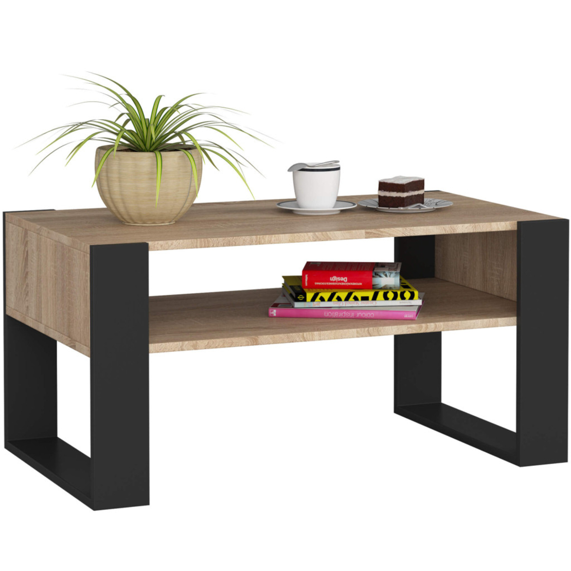 Masuta de cafea Domi cu raft inferior, blat laminat, 92x50x45 cm, stejar sonoma si negru
