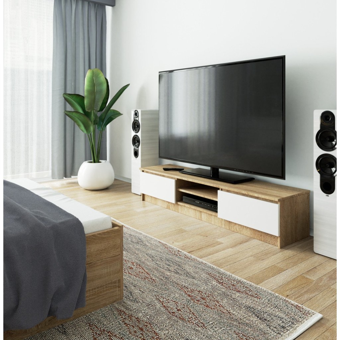 Comoda TV cu 2 usi si rafturi centrale, PAL laminat, 160x40x33 cm, stejar sonoma si alb