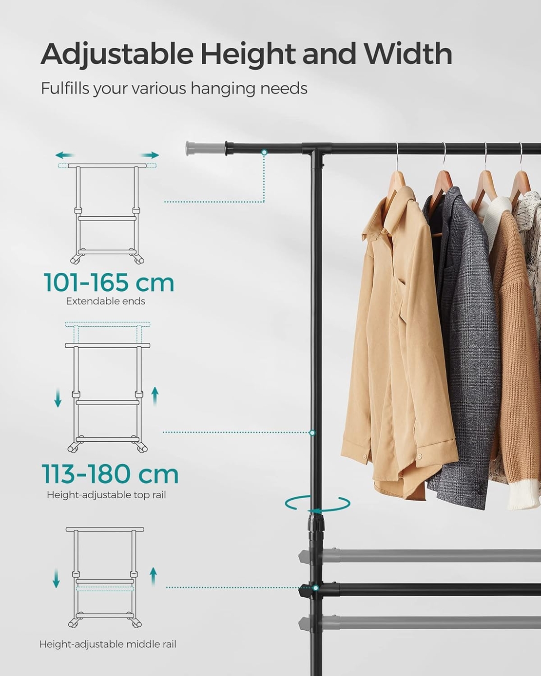 SONGMICS Suport haine cu doua bare, roti blocabile, inaltime reglabila, cadru metalic, 101x49x113-180 cm, negru