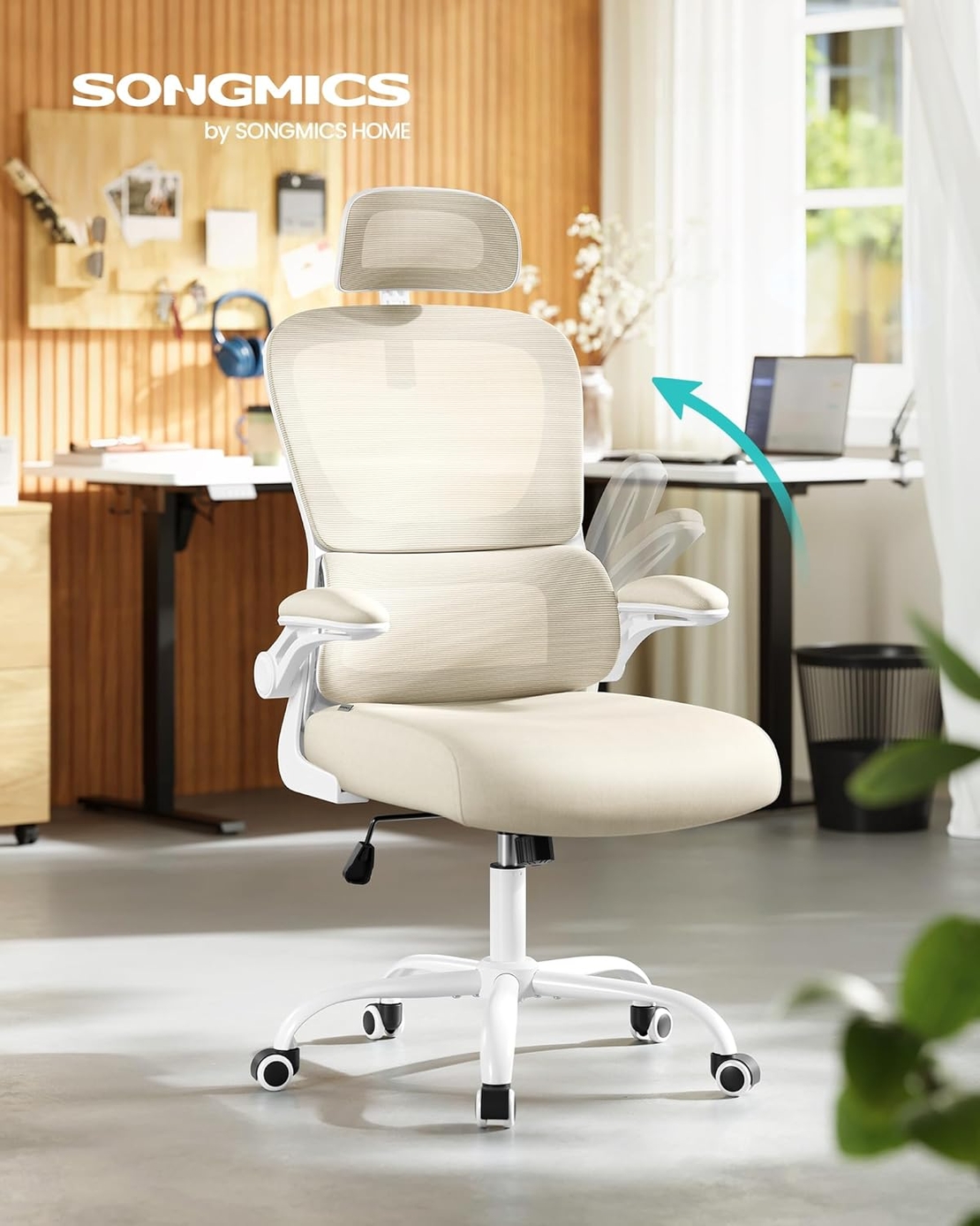 SONGMICS Scaun de birou ergonomic mesh, suport lombar dinamic, tetiera reglabila, brate rabatabile, 70x70x135 cm, bej