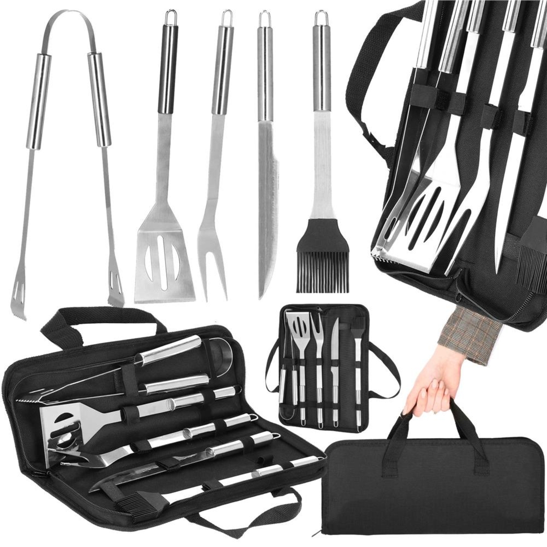 Set ustensile gratar 5 piese, inox, cu husa transport, 37x14x5 cm, argintiu