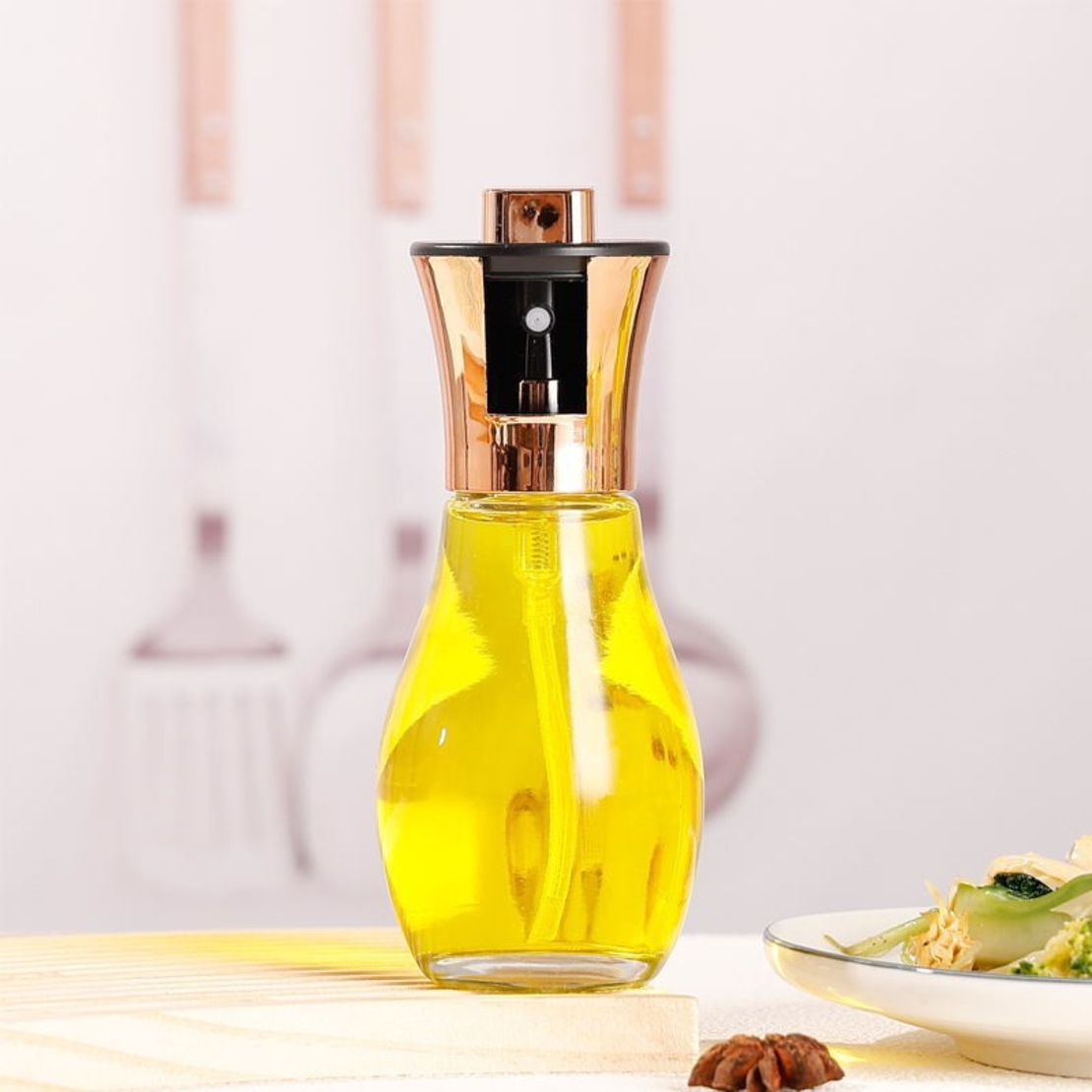 Sticla de ulei cu Pulverizator, Vafy, Sticla pentru Lichide de Bucatarie, Otet, Sos, 16.7 x 5.2 cm, Volum 200 ml, Roz Gold