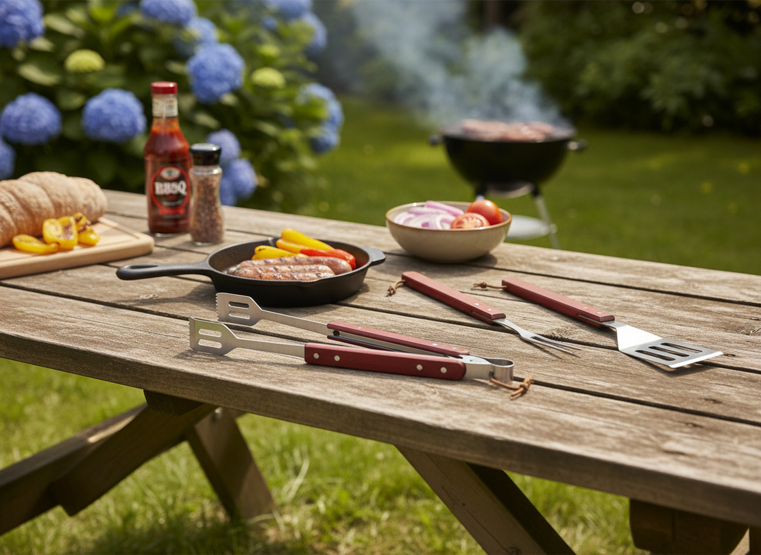 Set 3 ustensile pentru gratar din inox cu maner din lemn, spatula, furculita si cleste