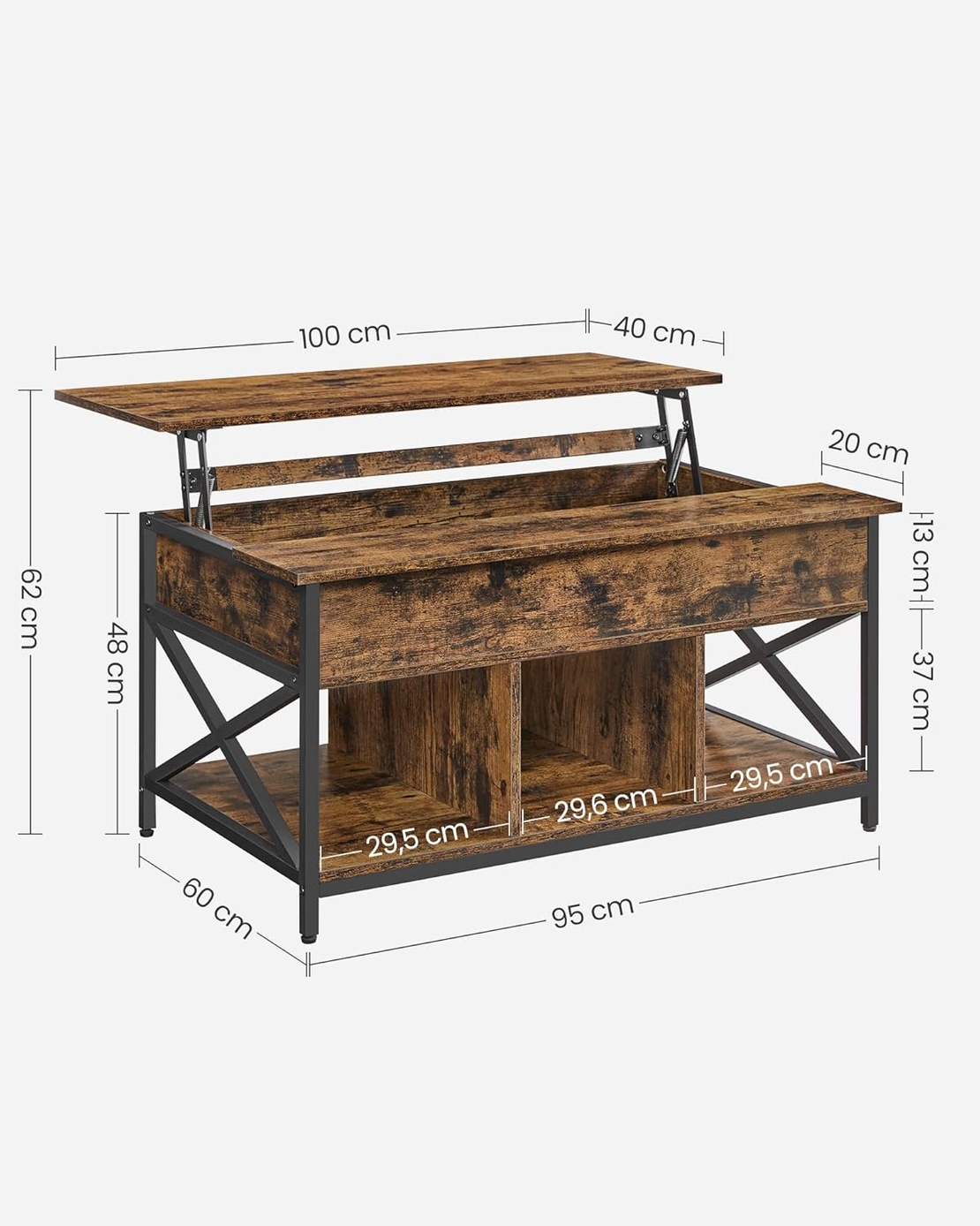 VASAGLE Masa de cafea cu inaltime reglabila, spatiu de depozitare ascuns, 60x100x(48-62) cm, maro rustic