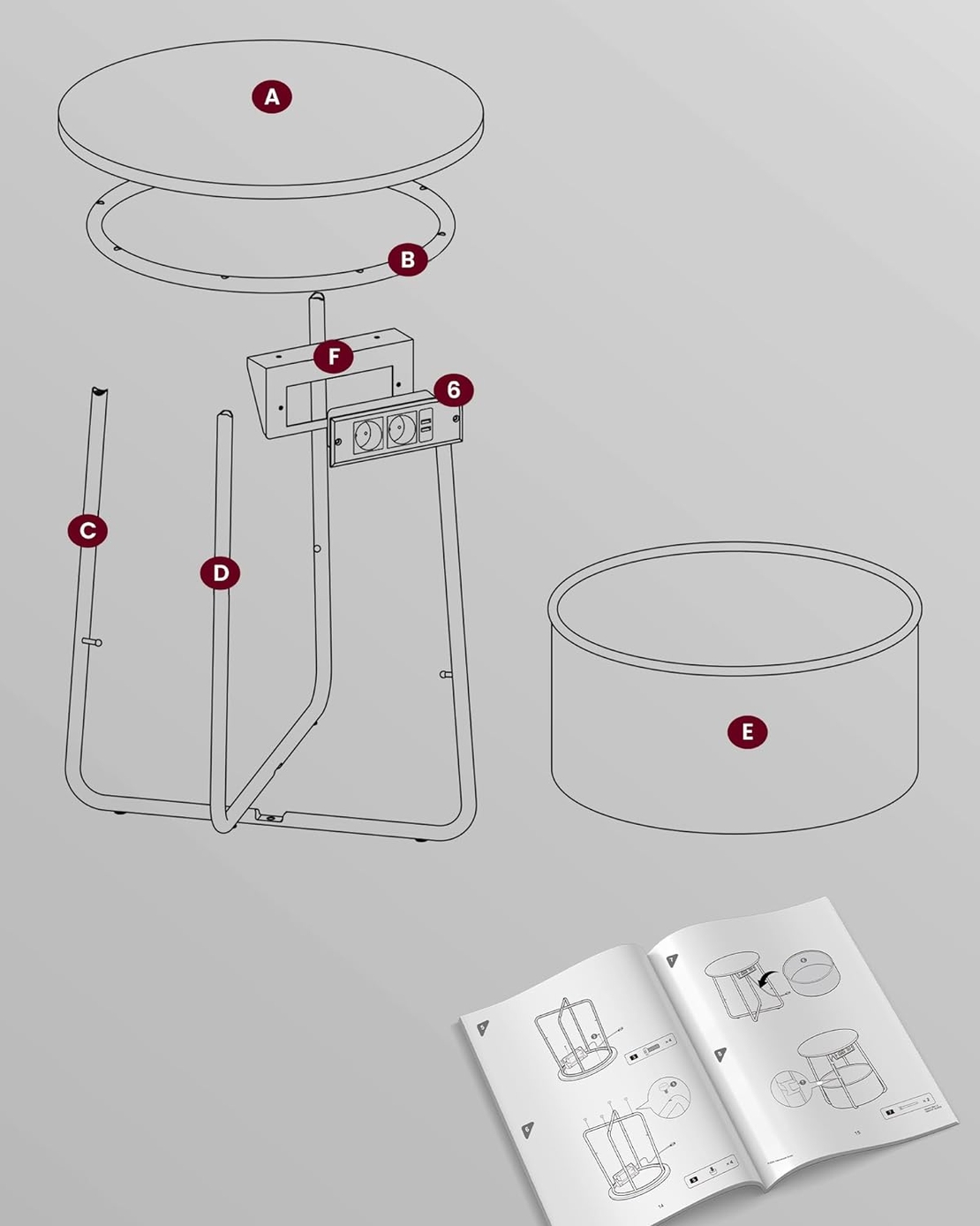 VASAGLE Masuta de cafea rotunda cu cos de stofa, statie de incarcare 2 prize si 2 USB, 45x50cm, negru
