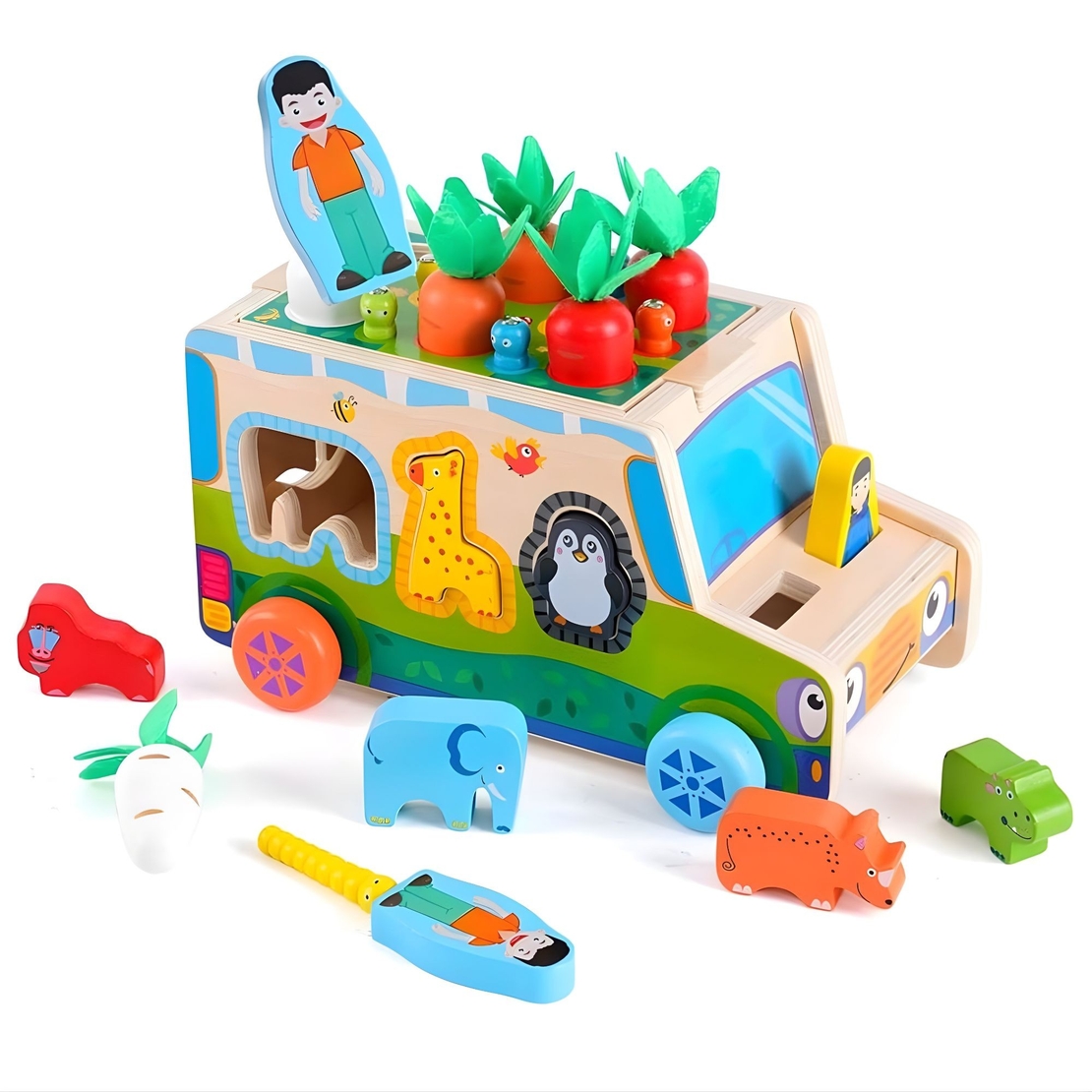 Jucarie Educativa Montessori, Flippy, Model Masinuta Educativa din Lemn 6 in 1, Sortator Forme, 1–3 ani, 23.7 x 17.5 x 12 cm, Multicolor