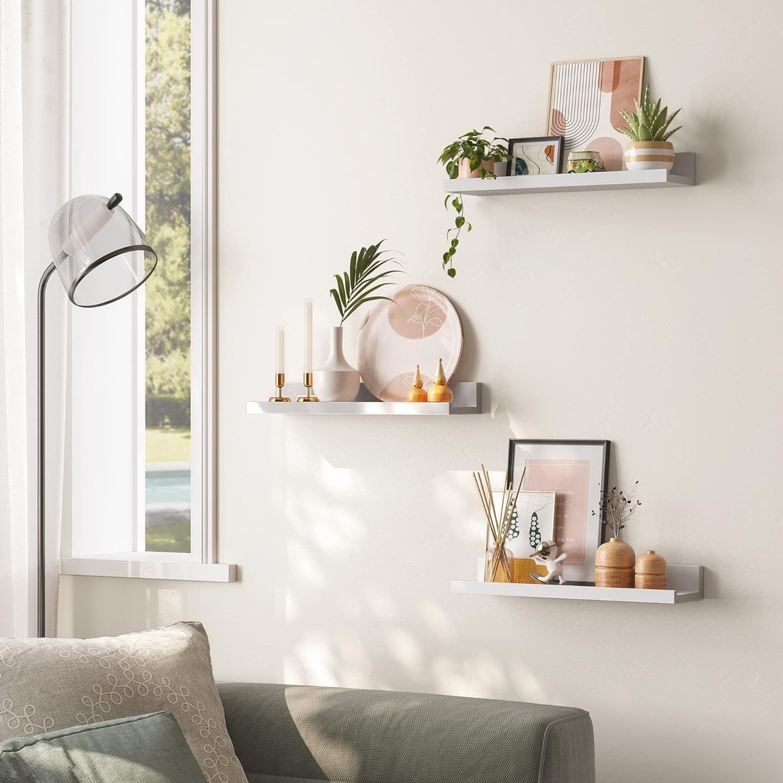SONGMICS Set 3 rafturi de perete plutitoare din MDF, suport pentru rame foto, 38x10cm, alb