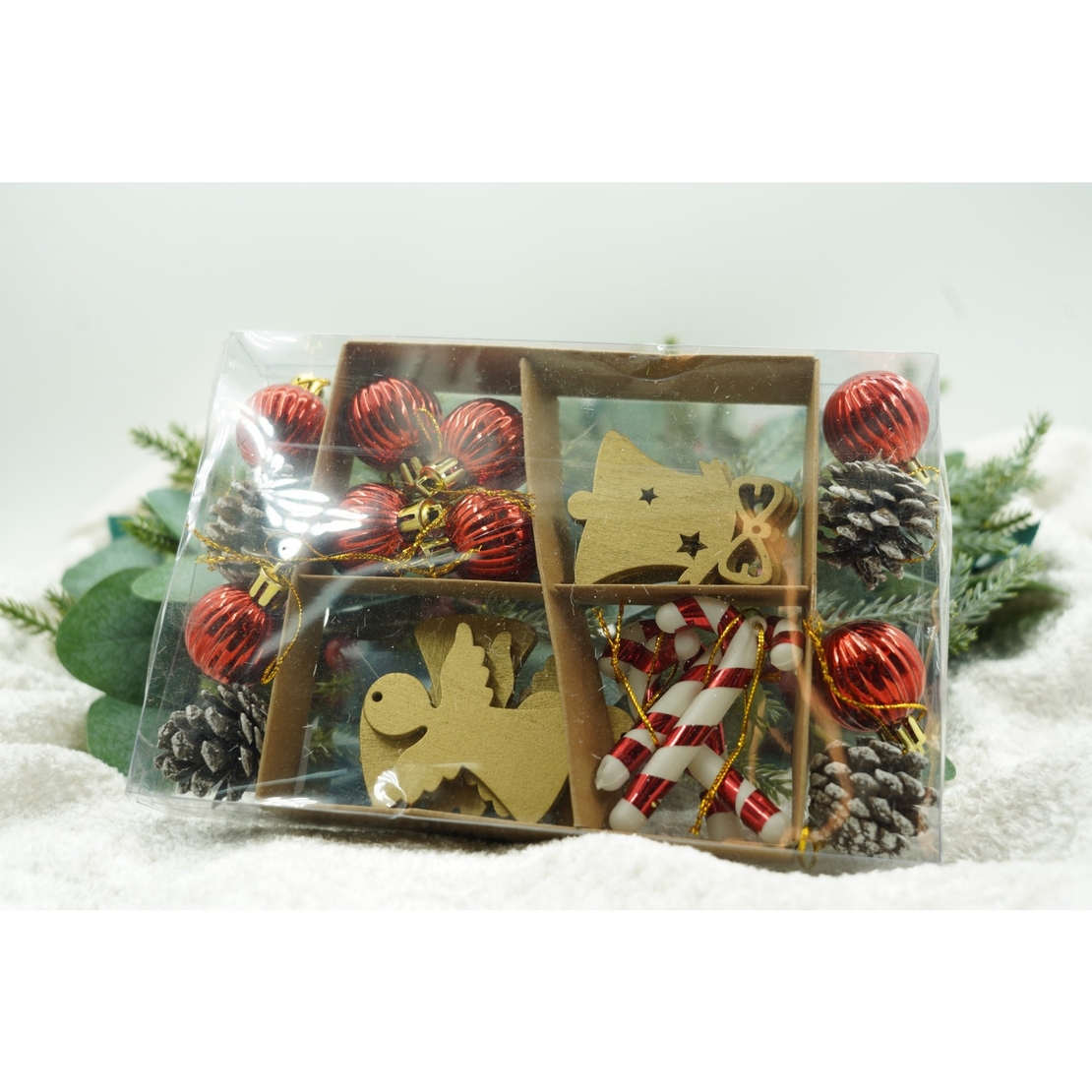 Set de 24 ornamente de brad, Flippy, de tip Glob, Multicolor, din polistiren, cu finisaj sclipitor , cutie 3 cm adancime x 20 cm lungime x 14 cm inaltime