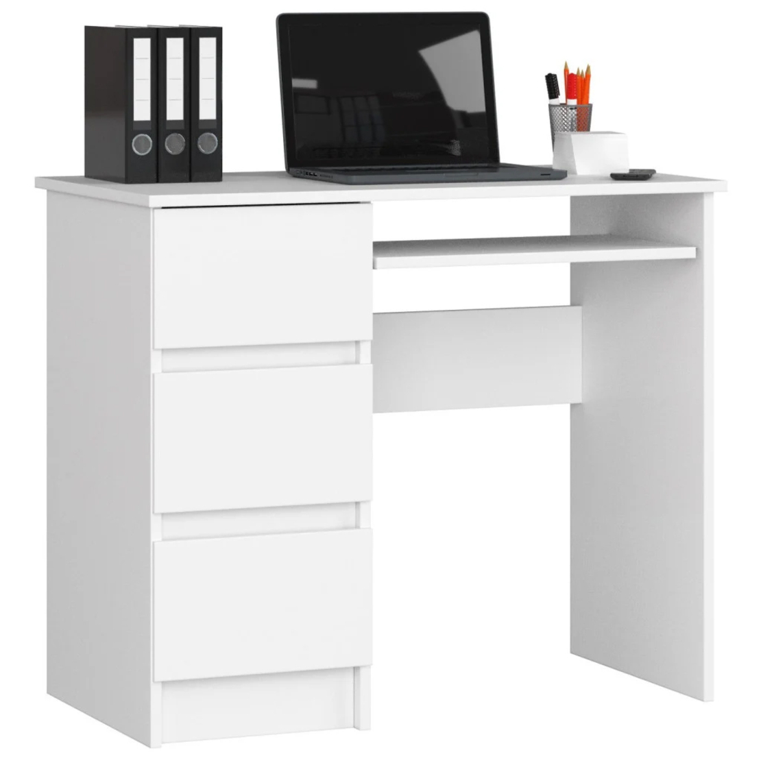 Birou computer cu 3 sertare si raft pentru tastatura, stanga, 90x50x77 cm, alb