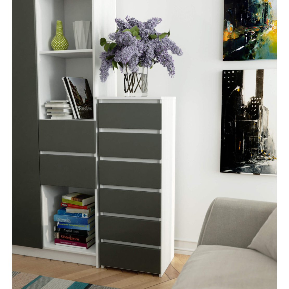 Comoda cu 6 sertare, PAL laminat 16 mm, 40x35x109 cm, alb si gri