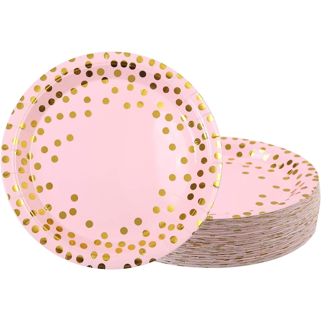 Set 10 Farfurii Unica Folosinta, Flippy, Imprimeu cu Buline, din Carton, Diametru 18 cm, Roz/Auriu