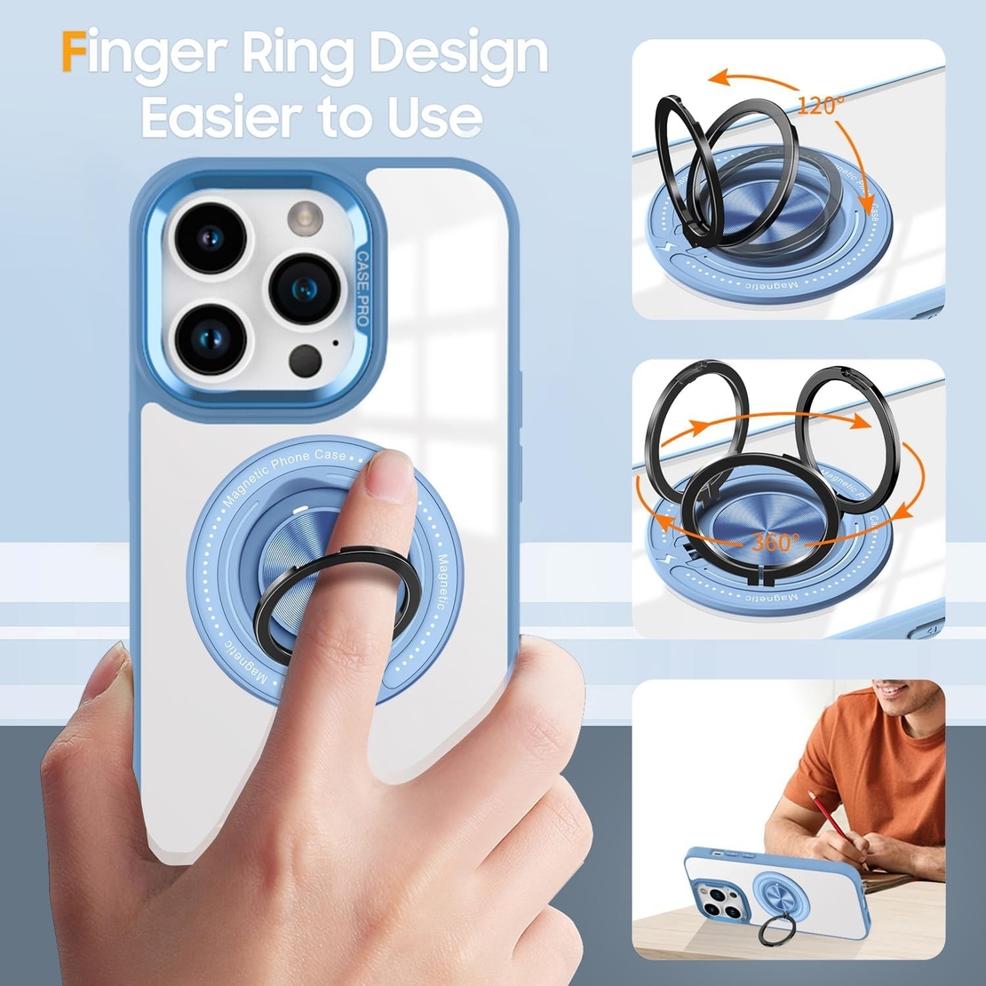 Husa de Protectie TPU, Vafy, pentru iPhone 16 Pro, Anticadere, cu Incarcare Wireless, Tehnologie Magsafe, Inel Magnetic Rotativ cu Functie de Suport, Transparent-Albastru Deschis