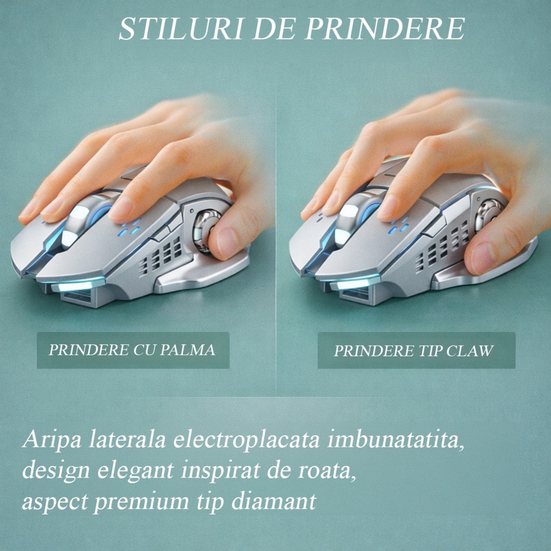 Mouse Wireless, Vafy, 6 Butoane, DPI Ajustabil 1200-3600, Iluminare RGB Tip Breathing, Reincarcabil, 138x80x38 mm, Compatibil MacBook/iPad/Laptop, Gri